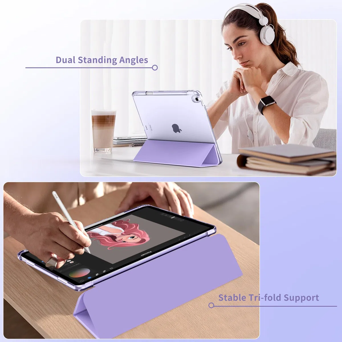 MoKo Cover per iPad Air 13 Pollici Case (M4/M3/M2) 2026/2025/2024 con Portapenna, Cover Trifold Sottile e Leggera con Retro in PC Rigido Traslucido, Auto Svegliati/Sonno, Lilla