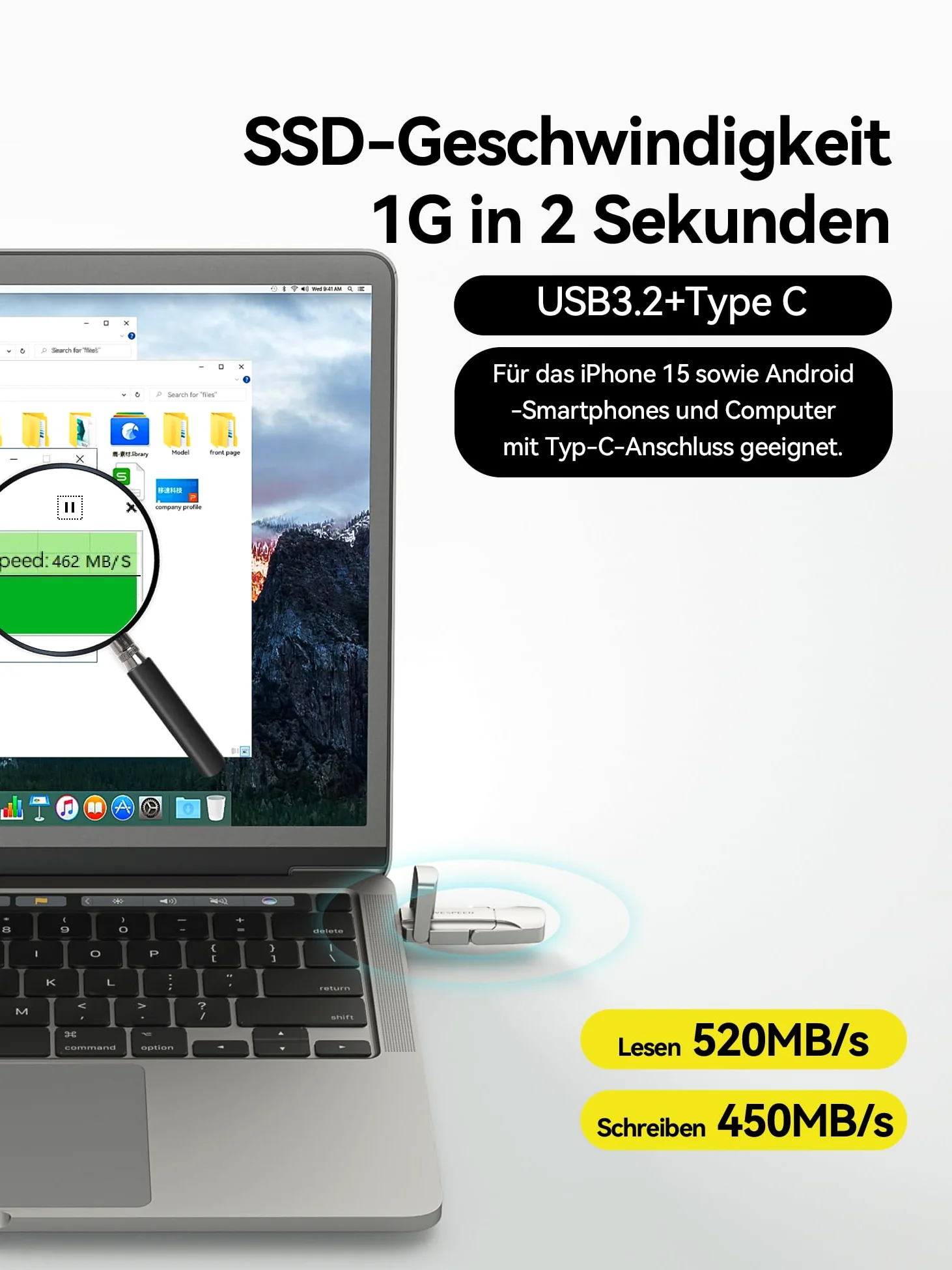 MOVE SPEED USB C Stick 512 GB – SSD esterno ad alta velocità 520 MB/s, dual USB Type-C + USB A 3.2 Gen2, chiavetta OTG compatibile con smartphone Android, iPhone 15, MacBook, laptop e tablet