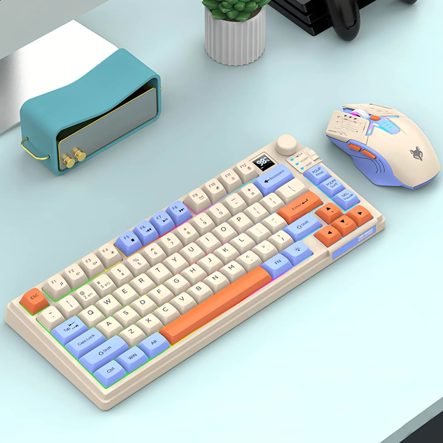 2.4G Tastiera e Mouse Wireless Combo con Dual Mode 80 Tasti Display Volume Manopola Colore Luce Mouse Ricaricabile Dpi Regolabile per Gaming PC Computer