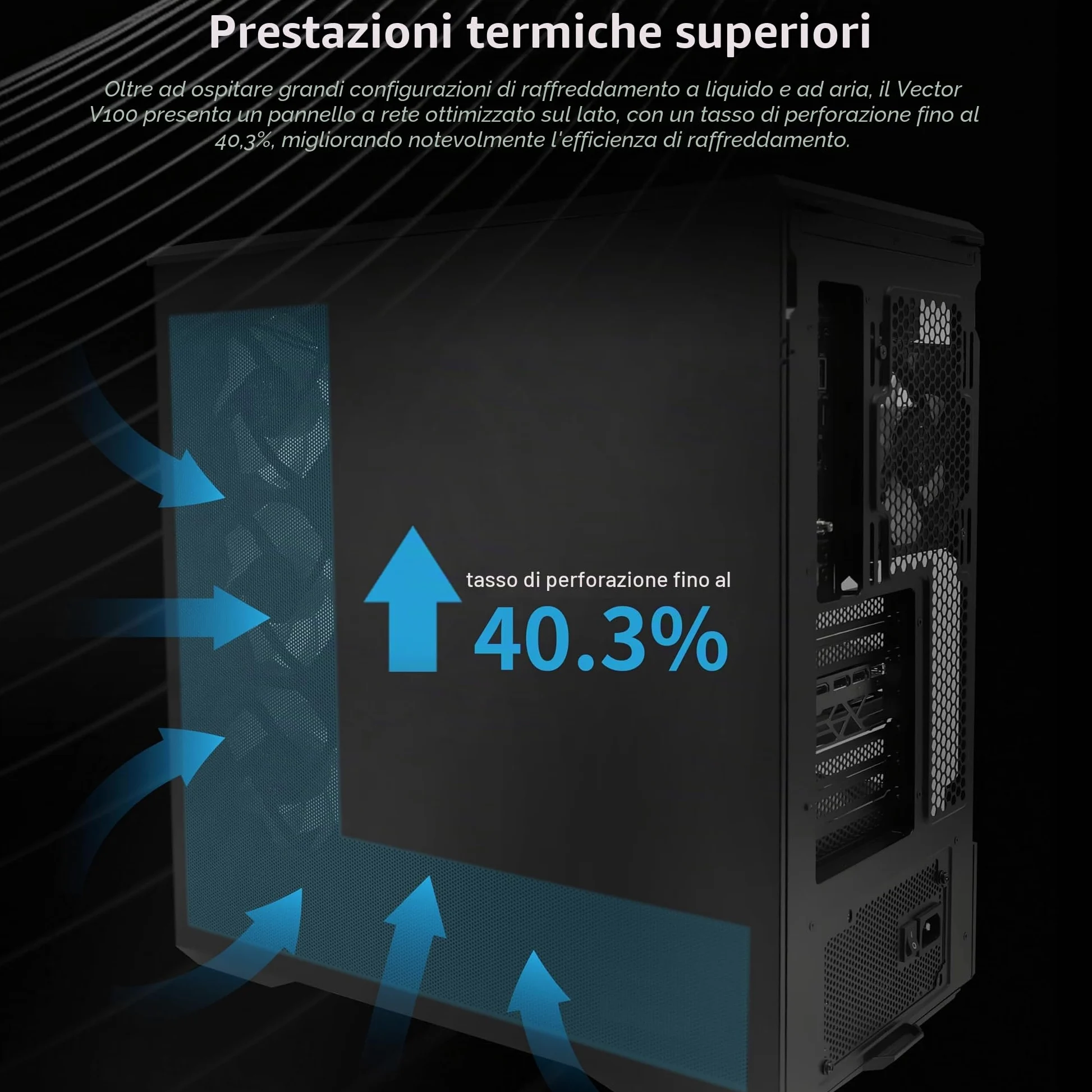 Lian Li Case per PC Mid-Tower V100 ATX, striscia LED RGB, design della piattaforma display con vetro temperato, supporto GPU da 415 mm, radiatore da 360 mm, I/O laterale e flusso d'aria ottimizzato