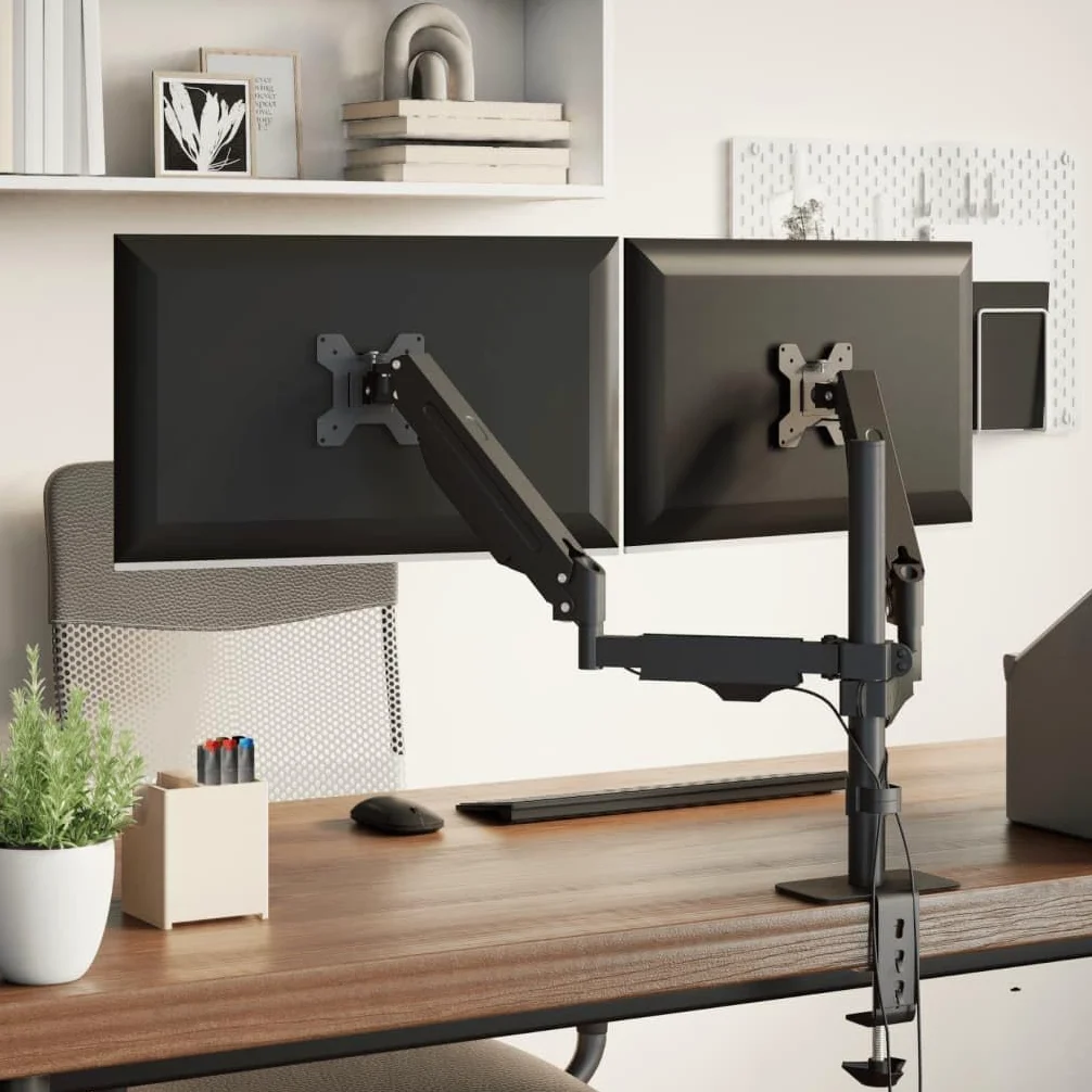 Doppio braccio monitor per max 27 pollici molla a gas 20 kg | VESA 75 x 75, 100 x 100, acciaio, morsetto a C, passacavi, rotazione a 360 gradi