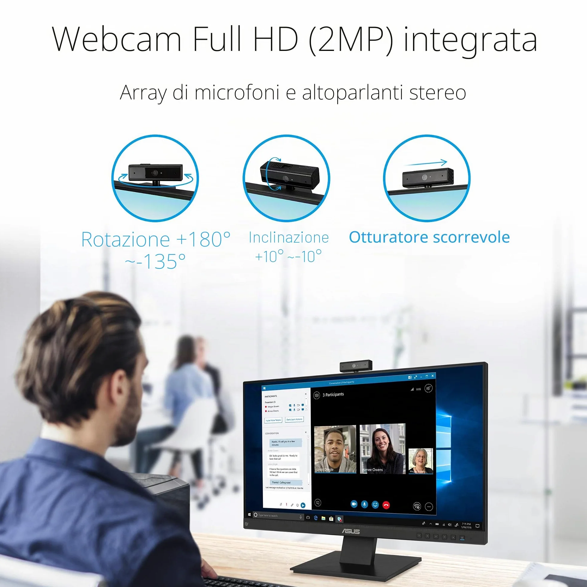 ASUS BE24EQK, Business Monitor da 23,8" IPS Full HD, Nero | Design Senza Cornice, Webcam FHD, Porta per il Microfono e HDMI, Tecnologia Low Blue Light e Anti-Sfarfallio