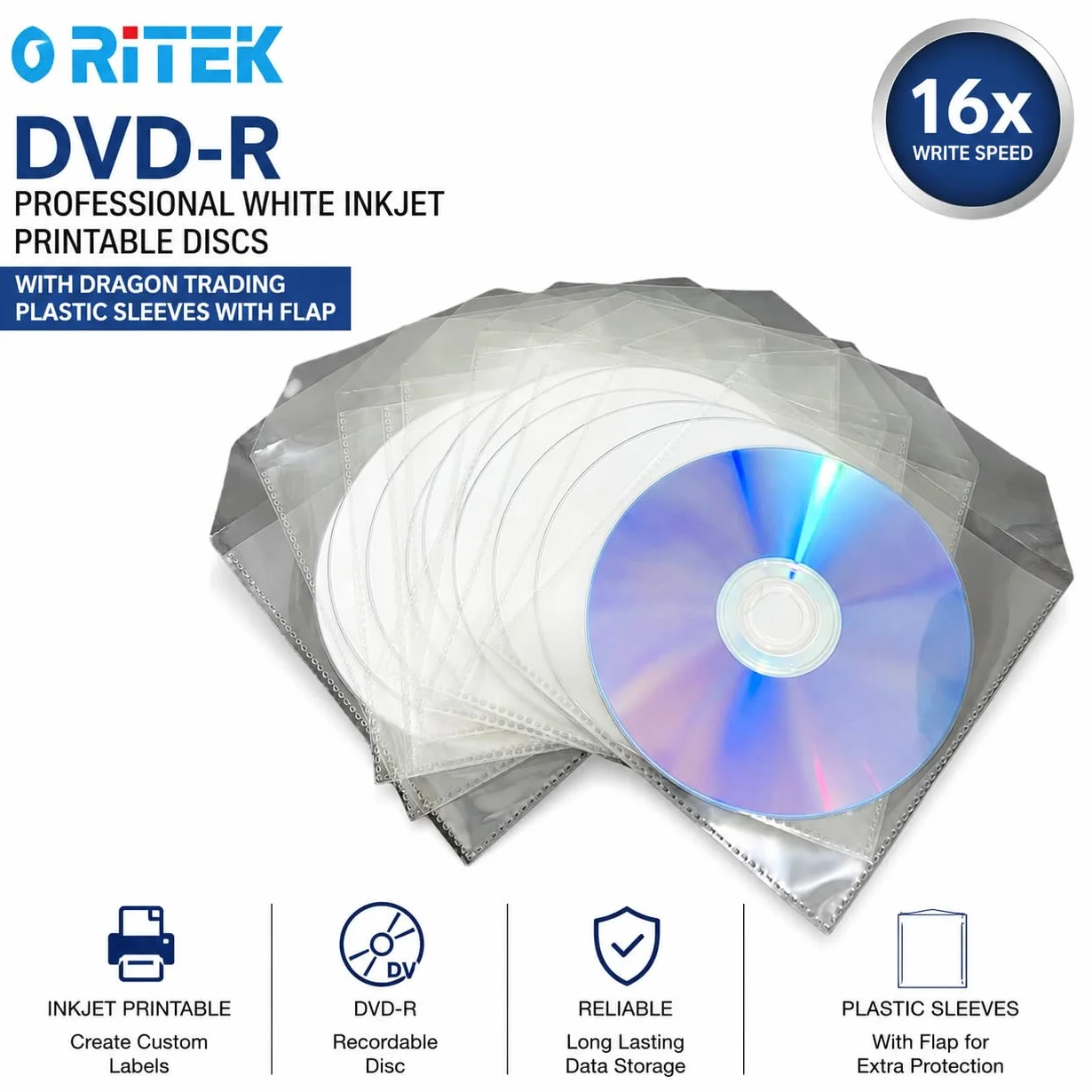 Ritek - DVD-R bianco professionale stampabile a getto d'inchiostro, registrabili, con una velocità di scrittura di 16x, in custodie di plastica Dragon Trading con patta (confezione da 5)
