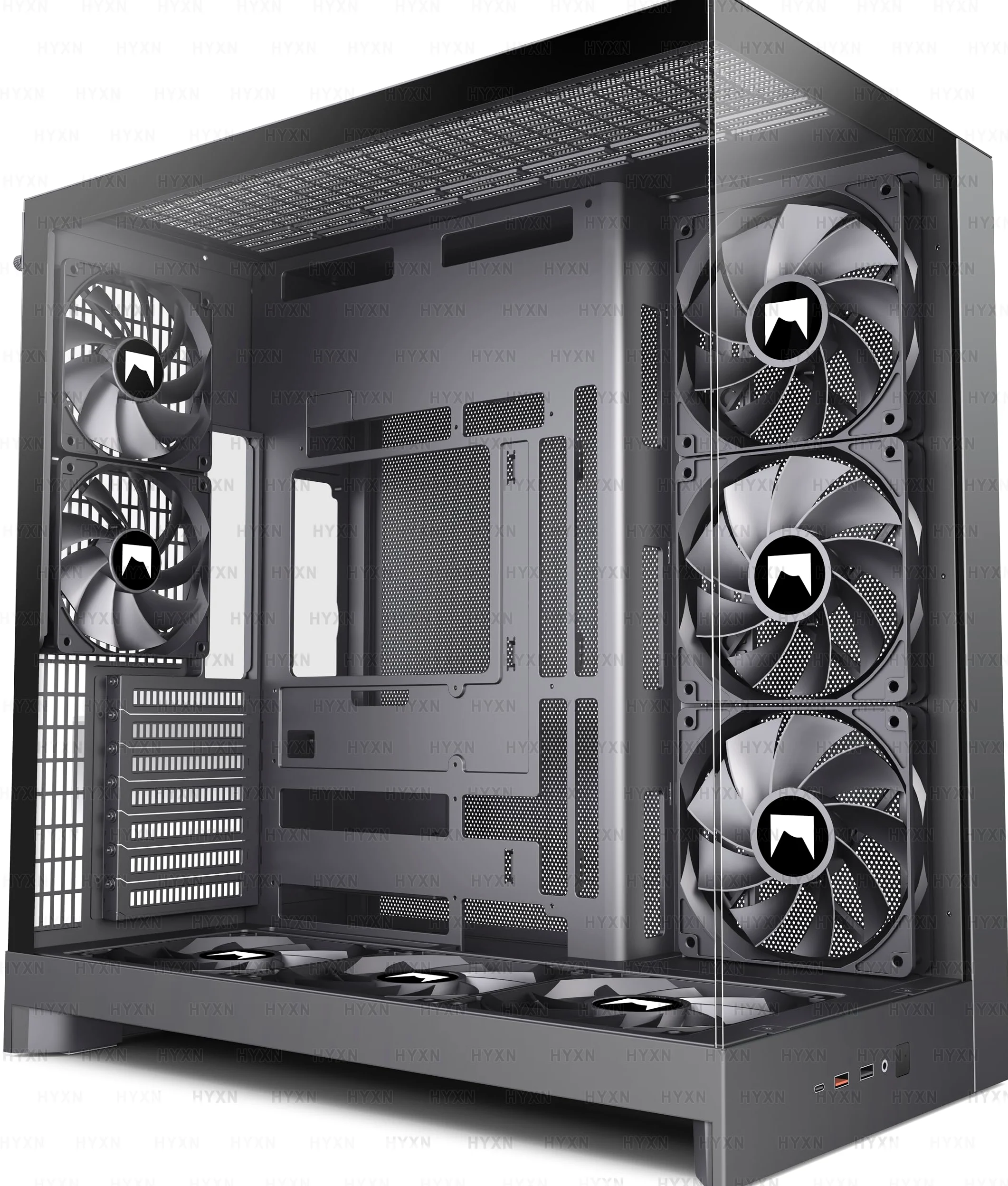 H2(2026) HYXN ATX PC Case – 8 Non LED ventola preinstallata (6 x 140 mm e 2 x 120 mm), grande doppia camera ATX Mid-Tower Airflow Gaming PC, supporto radiatore da 420 mm, con Type C 3.2 (Nero, H2)