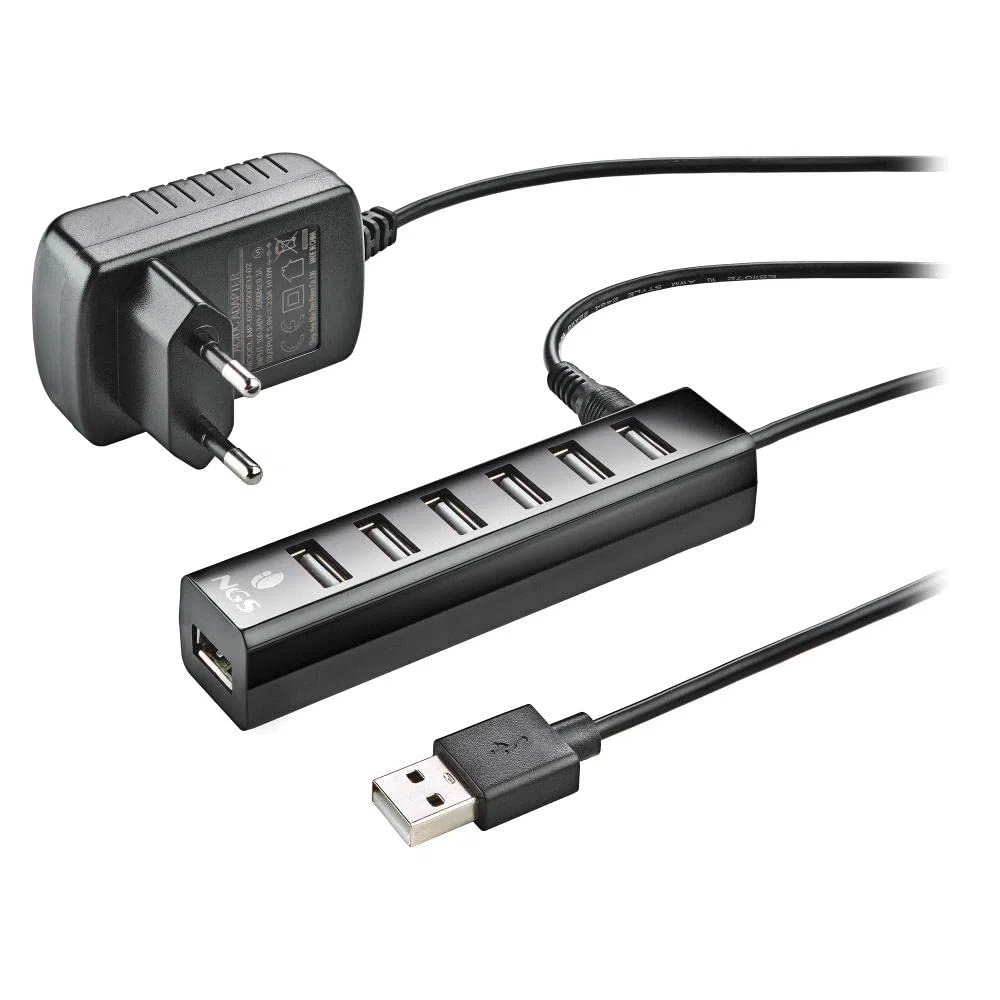 NGS IHUB7 TINY - Hub USB 2.0 con 7 Porte e Adattatore di Alimentazione da 5V/1A, Compatibilità Universale, "Plug and Play"