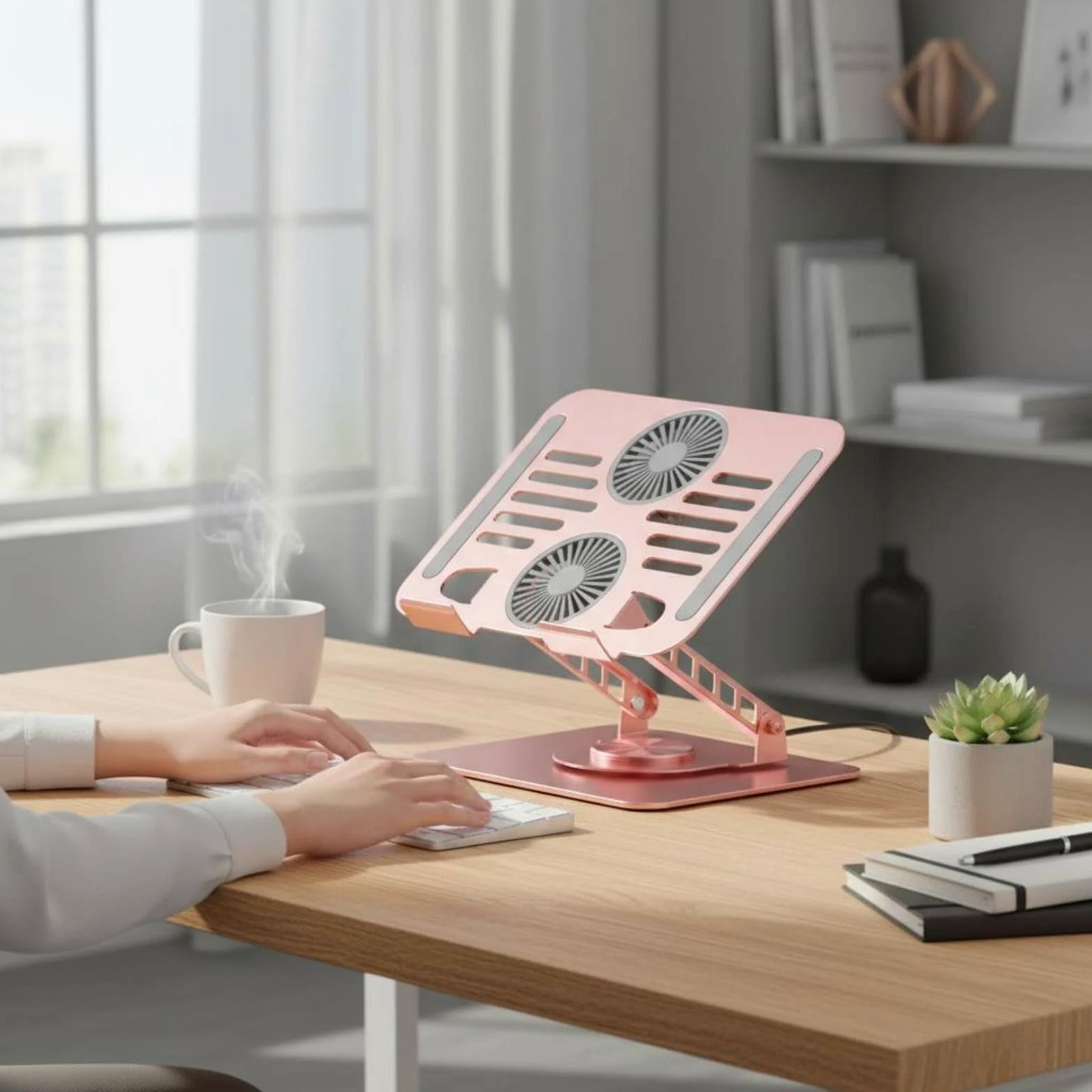 Supporto Laptop Raffreddamento Alluminio Struttura Doppio Braccio Ventilazione Base Rotante Portatile Pieghevole Antiscivolo per Lavoro, Argento, Argento, 17 Pollici