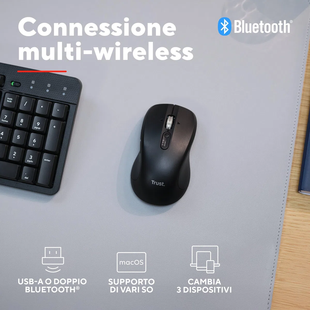Trust Treva Mouse Wireless con Rotellina Ultra Rapida e Scorrimento Orizzontale, Bluetooth + 2.4GHz, Pulsanti Silenziosi, 85% Plastica Riciclata, Mouse Bluetooth Multi-Dispositivo per PC Mac, Nero