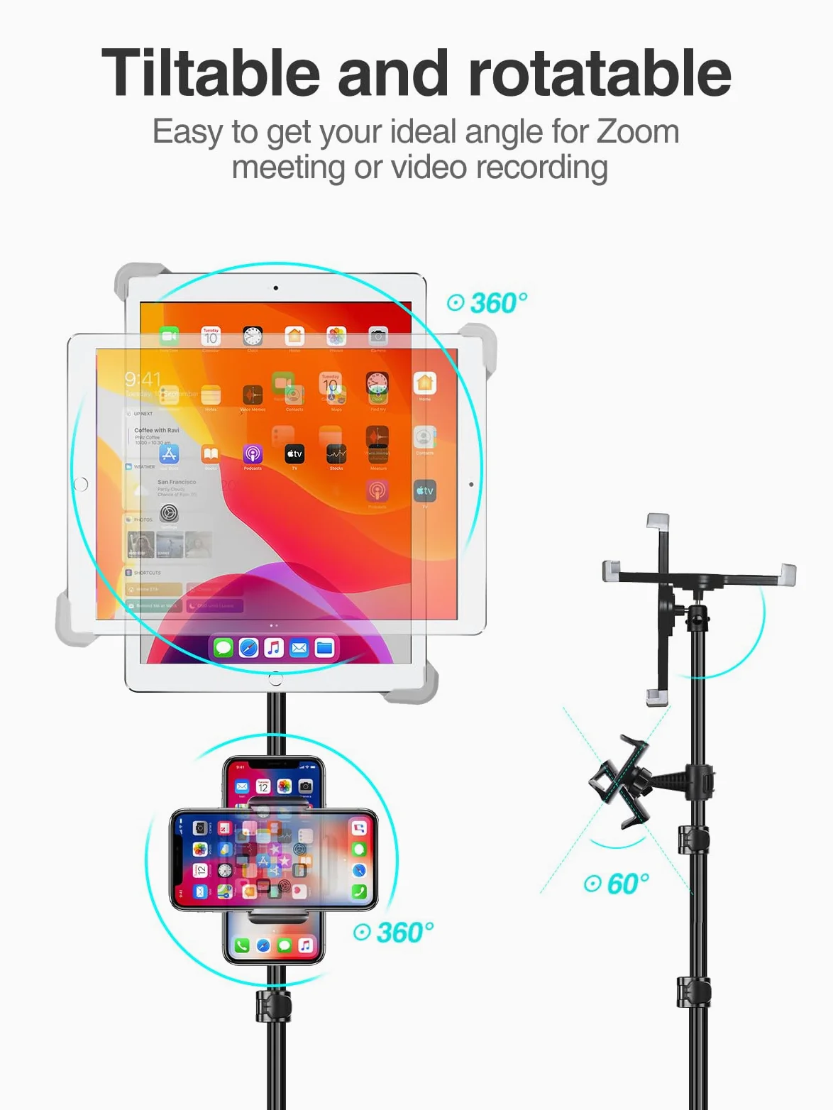 elitehood Treppiede per iPad, 165 cm, regolabile in altezza, supporto da pavimento per iPad con supporto girevole a 360°, per iPad Pro 12,9 11, iPad Air e tutti i tablet da 9,5-14,5 pollici