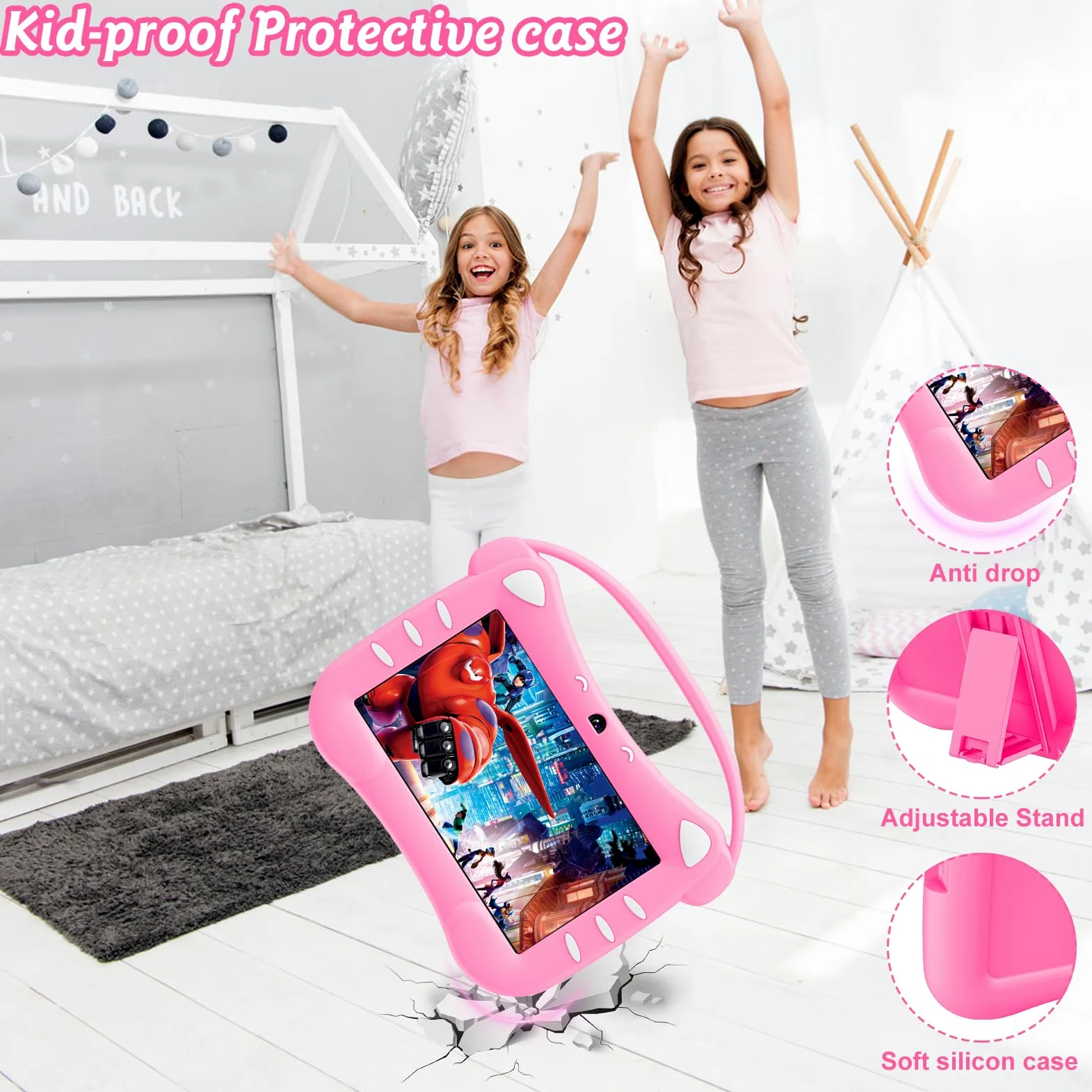 Tablet Educativo per Bambini 7 Pollici Android Tablet Bambini con WiFi Bluetooth Doppia Fotocamera 32GB ROM Controllo Parentale Custodia Protettiva (Magenta)