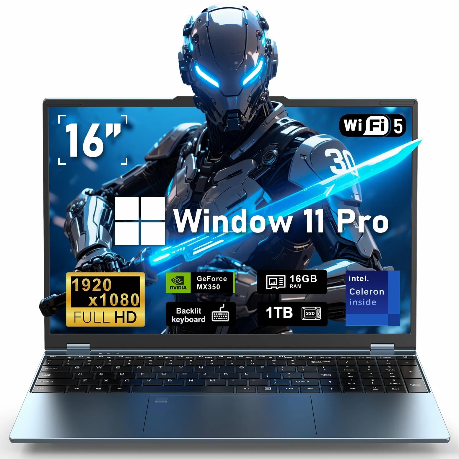 NAIKLULU Computer portatile da gioco, computer portatile 2025, Win 11 Pro 16 pollici Lap Top, 16 GB RAM 1 TB SSD PC, grafica MX350, processore N95 4C/4T (fino a 3,4 GHz), tastiera retroilluminata