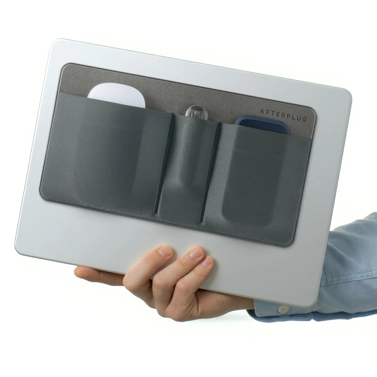 3-Pocket Storage Bag, Organizer adesivo per accessori per laptop, per HDD portatile, SSD, unità USB, mouse, cavi, grigio