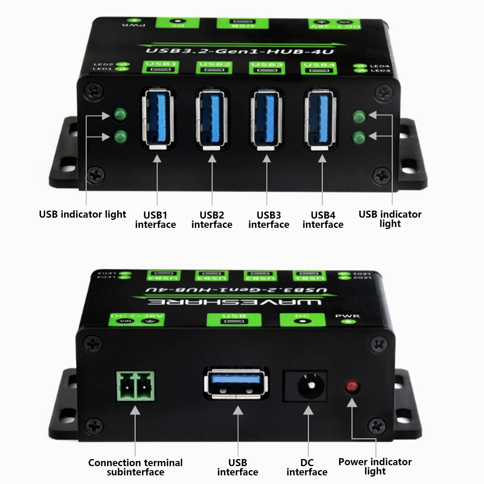 Hub USB 3.2 Gen1 a 4 porte ad alta velocità con 7 interfacce di alimentazione 36V per la ricarica stabile del dispositivo