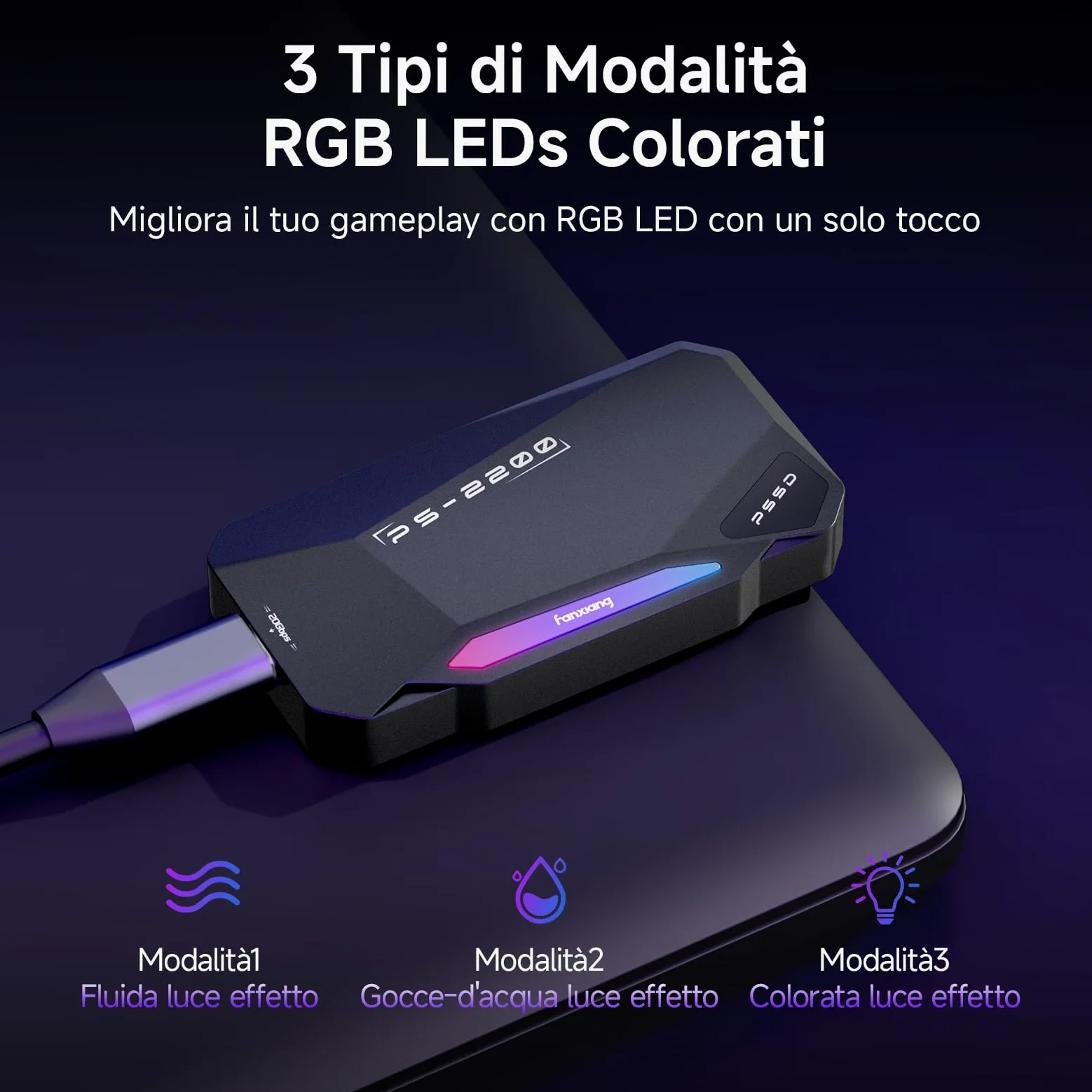fanxiang 2TB SSD Esterno Magnetico，Fino a 2050MB/s, USB 3.2 Gen2 USB-C, SSD Portatile con RGB LEDs, 4k ProRes HDR, Unità a Stato Solido Esterna per iphone15/16, Android/Pc/Mac-PS2200