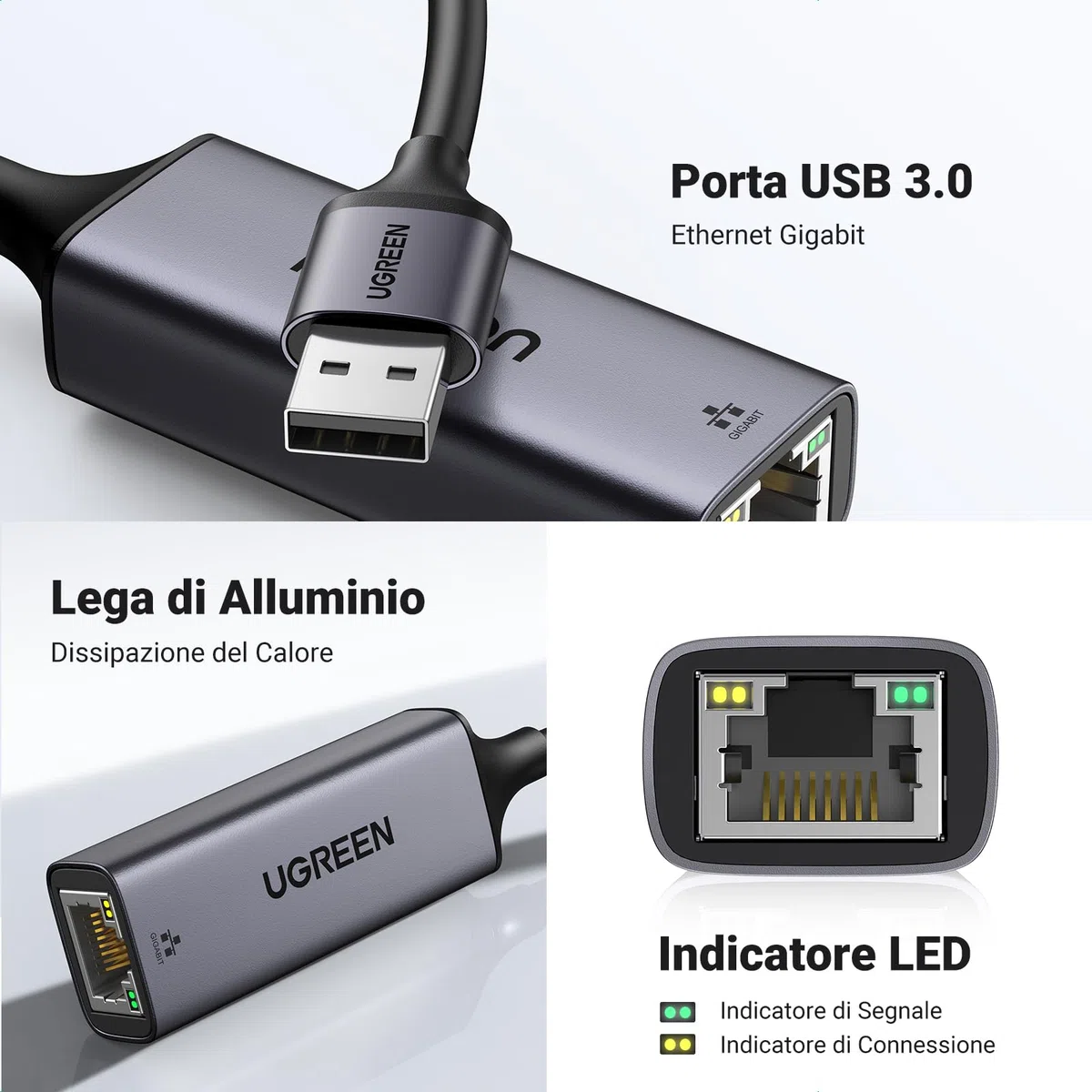 UGREEN Adattatore Ethernet USB 3.0 Gigabit 1000 Mbps Convertitore Lan RJ45 in Alluminio Compatibile con Switch Windows Mac OS Linux Mi Box