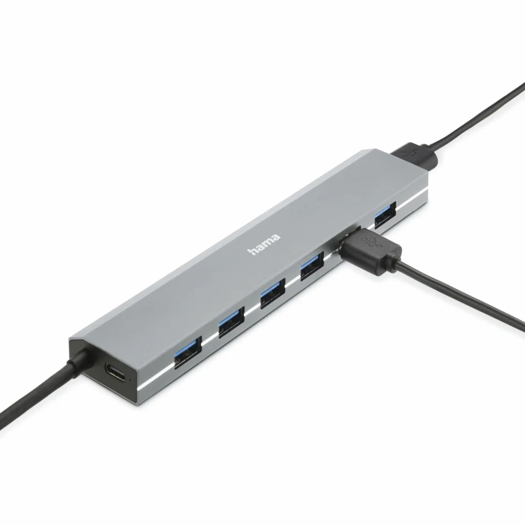 Hama Hub USB 7 porte (porta USB-A e USB-C con alimentatore, 7 x USB-A per mouse, tastiera, disco rigido esterno, chiavetta USB, ecc., alloggiamento in alluminio, adattatore USB per ufficio, casa