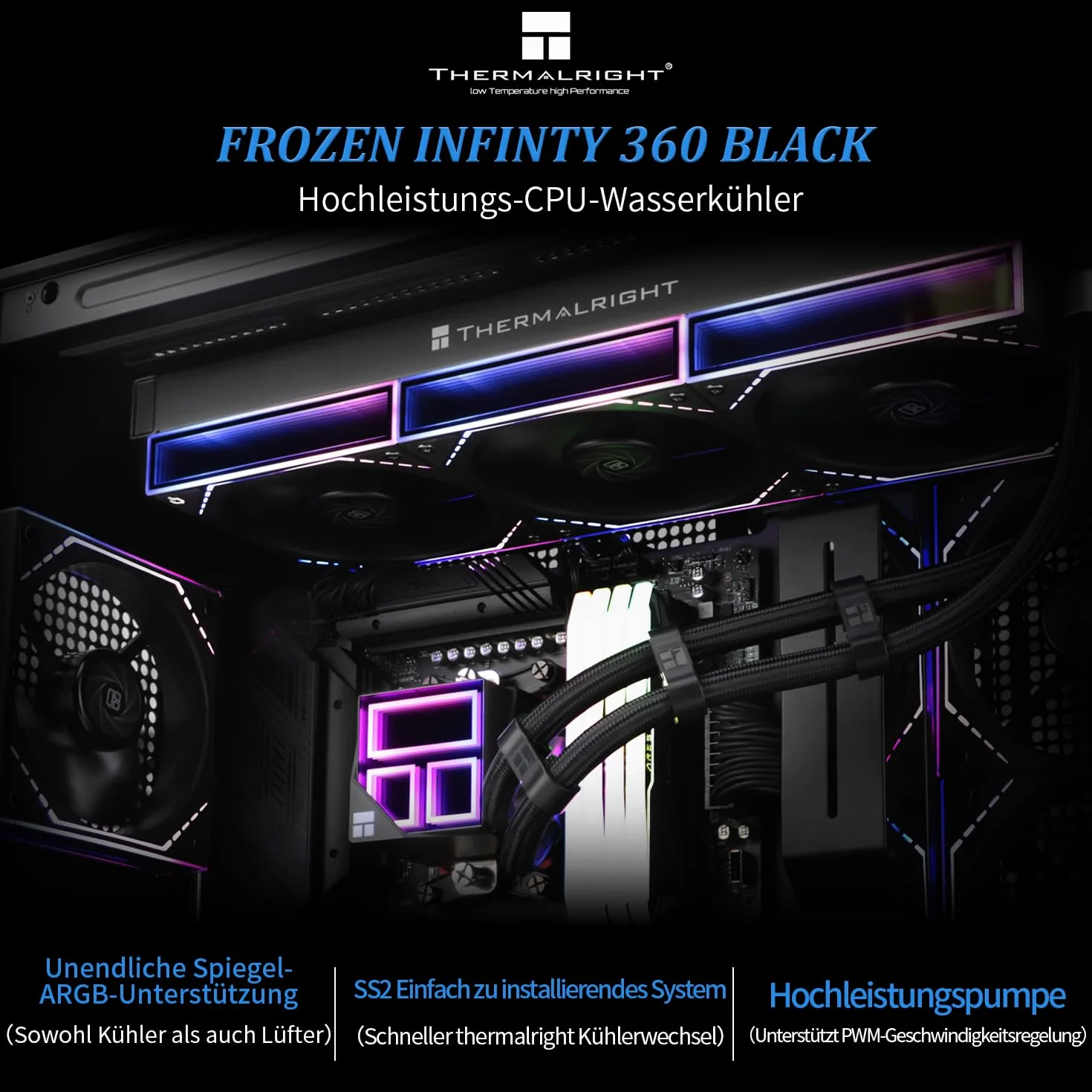 Thermalright Frozen Infinity 360 BLACK Dissipatore ad acqua per CPU, Raffreddatore CPU AIO 360, Triple ventole PWM TL-M12, Dissipatore CPU a specchio infinito, per AM4/AM5, Intel LGA1851/1700/115x