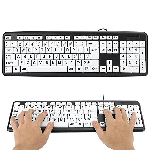 banapoy Tastiera per Computer con Stampa Grande, Tastiera USB Cablata Full Size a 104 Tasti con Tasti Bianchi con Stampa Grande per Anziani Ipovedenti Ipovedenti(Nero)