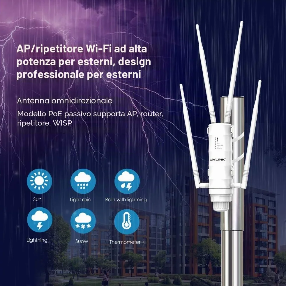 WAVLINK AC1200 Punto di accesso wireless a lungo raggio per esterni, resistente alle intemperie, doppia banda 2,4 + 5 G 1200 Mbps Wi-Fi AP/ripetitore Wi-Fi/Easymesh 3 in 1 con porta Gigabit PoE