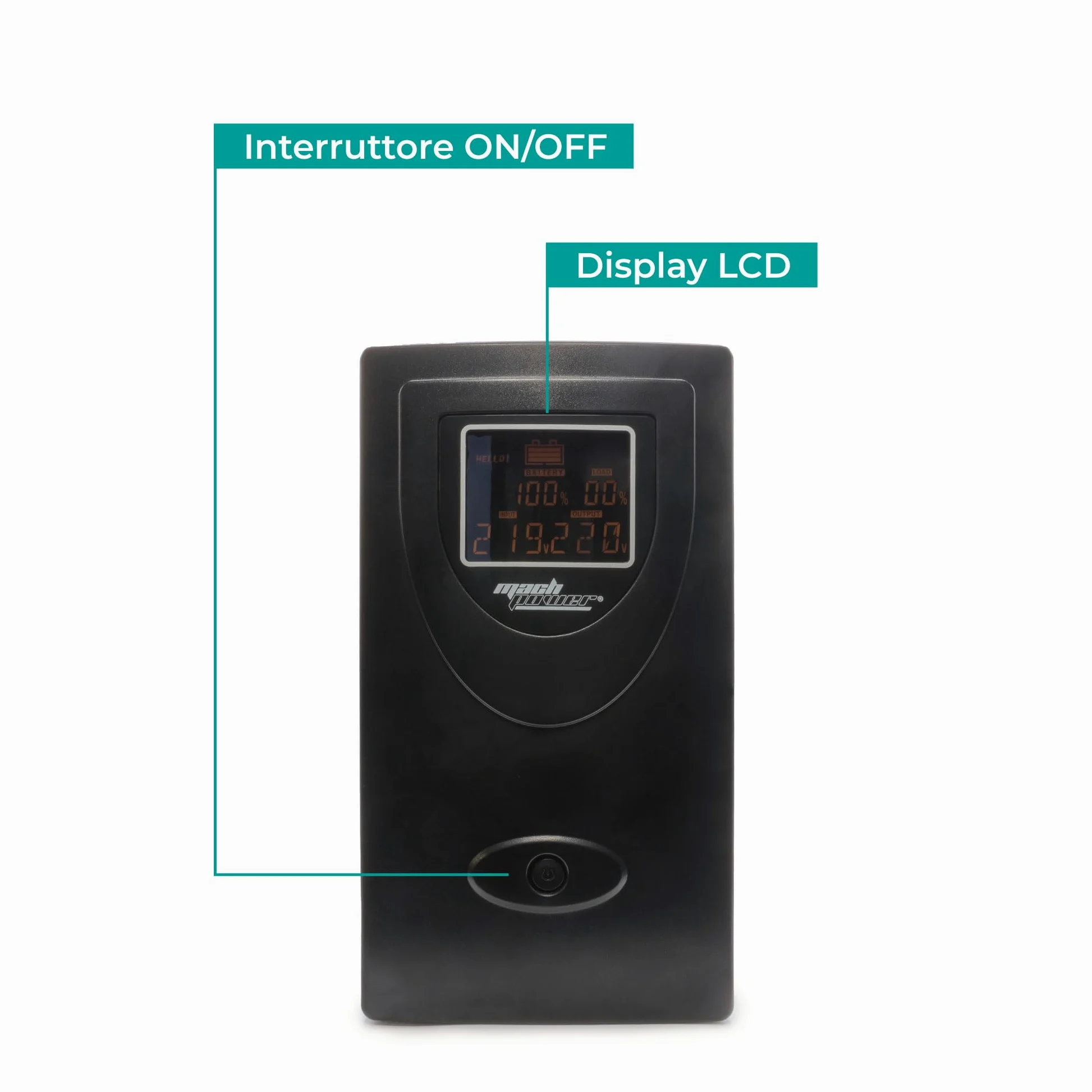 Gruppo di continuità line interactive 2000VA/1200W, stabilizzatore AVR, 2 batterie 12V/9Ah, 2 uscite Schuko/Ita, 1 Porta USB, display LCD, struttura in metallo UPS-LIT20MD (2000VA/1200W)