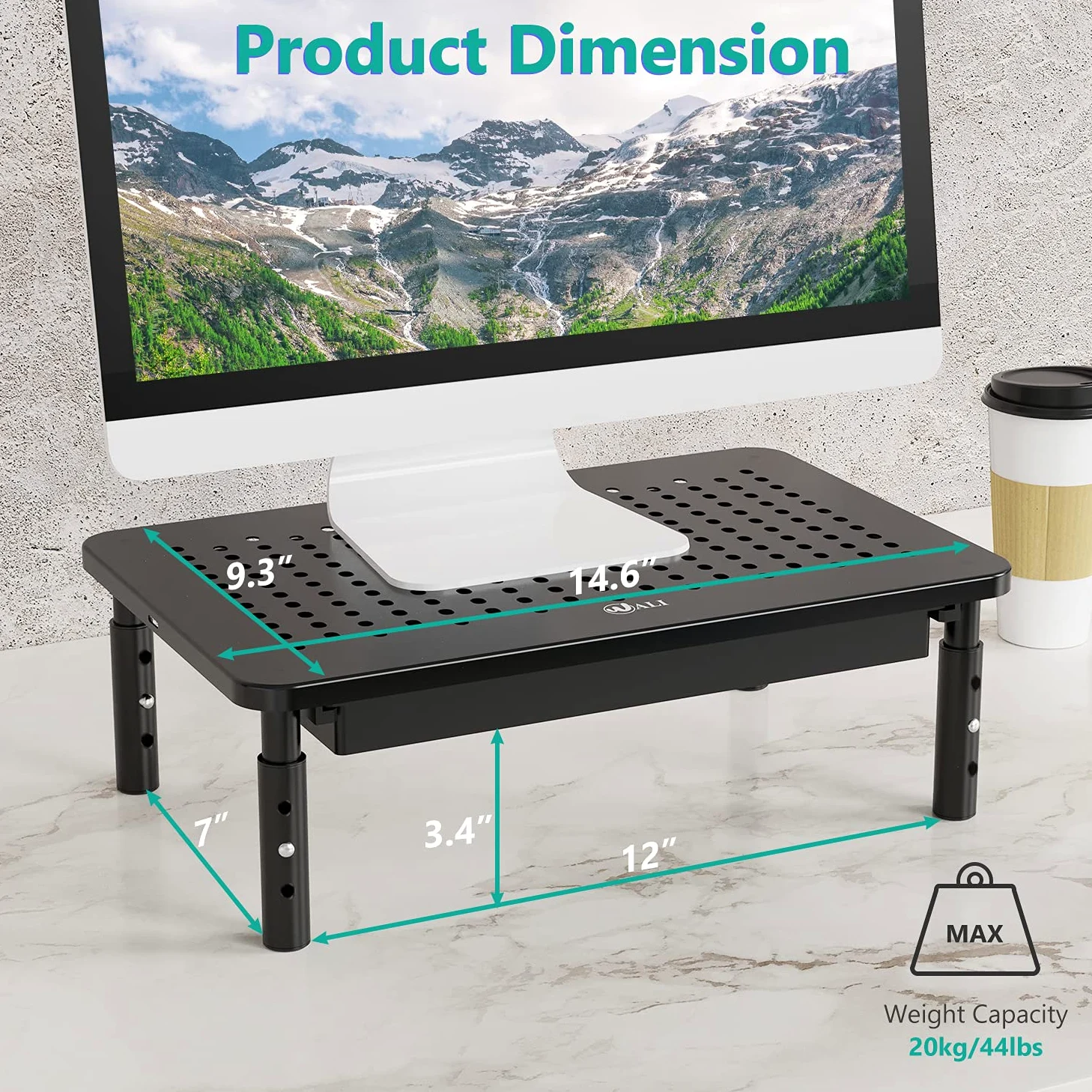 WALI Supporto per monitor del computer con contenitore, regolabile in altezza a 3 livelli, per laptop con prese d'aria, organizer da scrivania per computer, laptop, stampanti, notebook (STT003D-B),