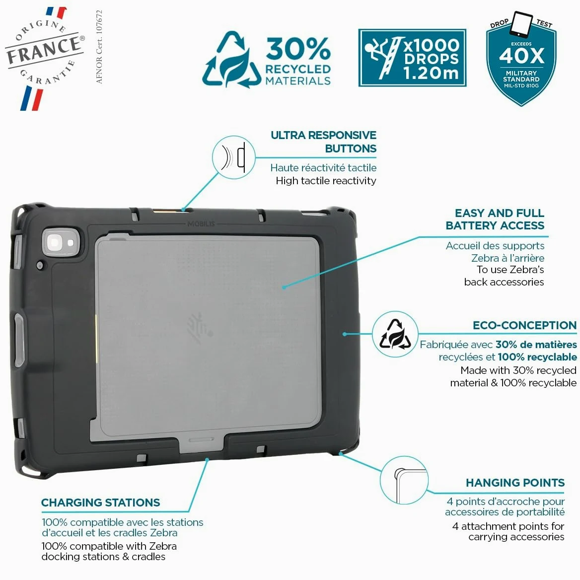 MOBILIS Custodia Robusta per Tablet Zebra ET40 ET45 10", Antiurto di Livello Militare, Copertura Protettiva Compatibile con gli Accessori Zebra, Materiali Riciclati, Nero