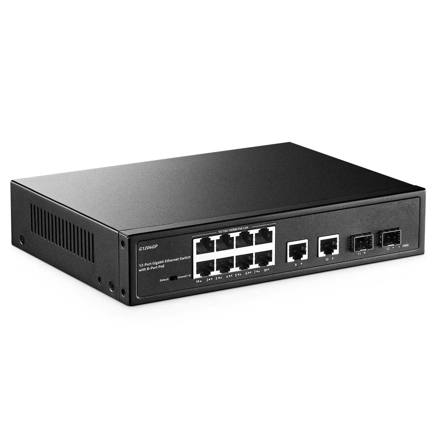 YuLinca Switch 12 porte Gigabit PoE, 8 GE PoE+, 2 GE Uplink, 2 Gigabit SFP Slot, IEEE802.3af/at Max 120W, Switch Ethernet Plug&Play non gestito senza ventola