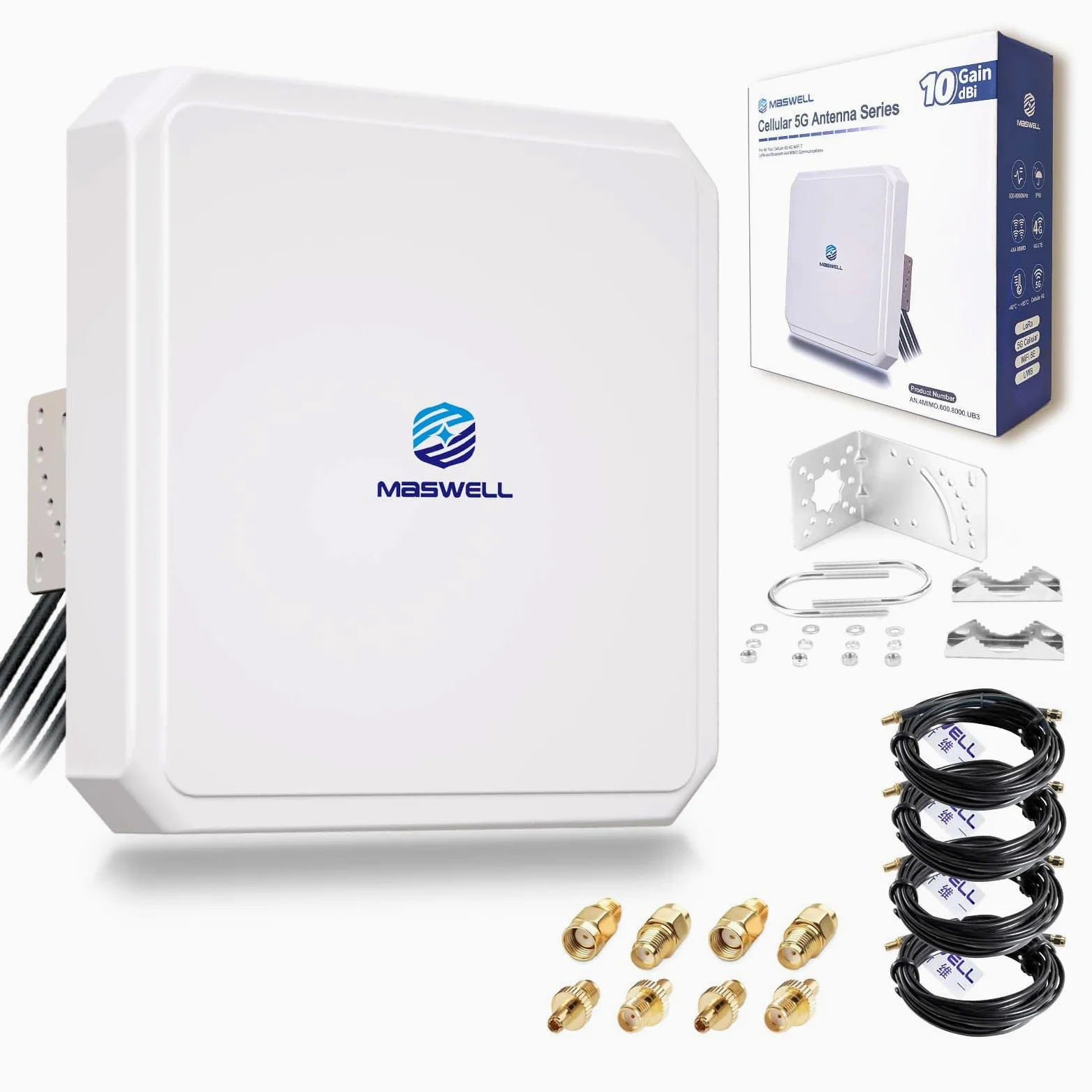 Maswell Antenna 5G 4X4 MIMO da esterno, antenna direzionale 10dBi Antenna esterna esterna per FRITZBox,5G NR Router Gateway | Banda larga 600-8000 MHz (set completo)