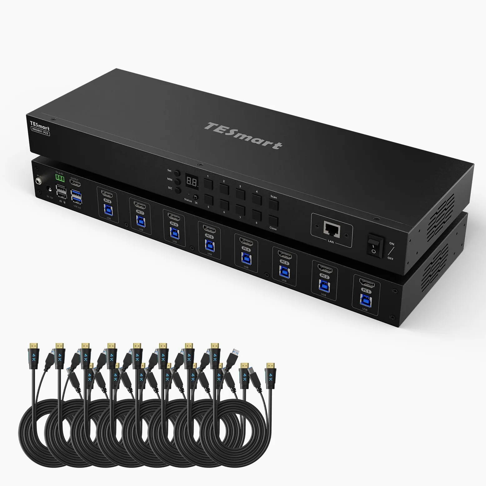 TESmart 4K@60Hz HDMI KVM Switch 8 Porte, HDMI 2.0 e USB 3.0, Switch KVM per 8 PC e 1 Monitor, EDID, Hotkey, Modalità Auto-Scan e Auto-Detect, LAN/RS232, Telecomando IR, Include 8 Cavi KVM PC
