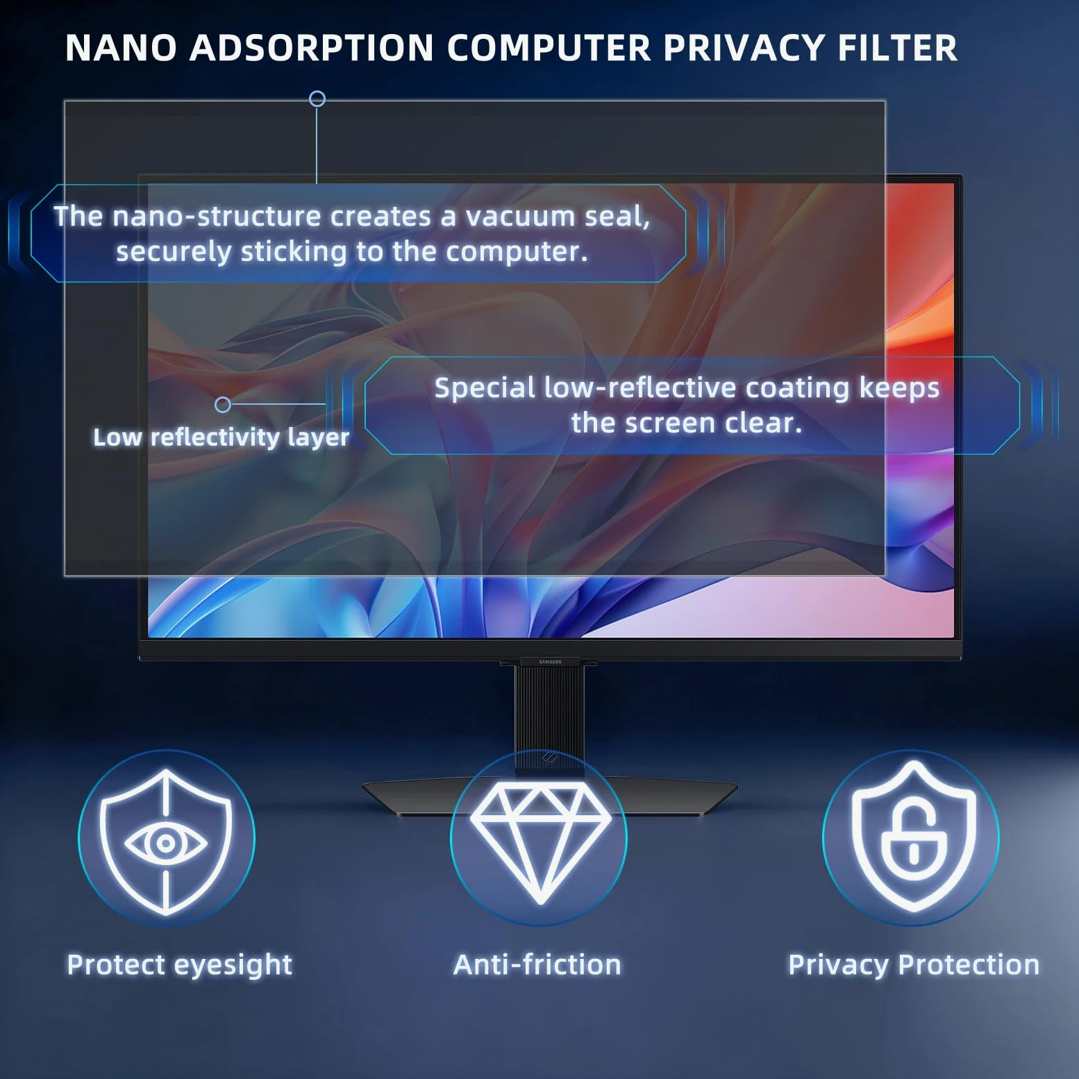 23.8 Pollici 16:9 Nanoadsorbimento Filtro Privacy Premium, Rimovibile Anti Luce Blu/Antiriflesso/Anti UV, Pellicola de Protezione per 23.8" Monitor/Laptop Computer