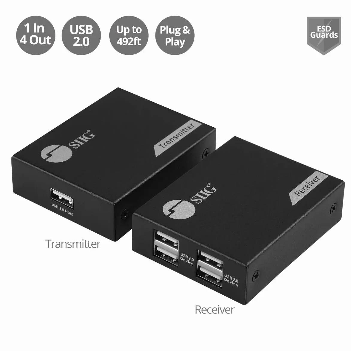 SIIG Extender USB 2.0 a 4 porte, 150 m su cavo Cat6/7, cavo Cat5e fino a 100 m, Plug and Play, trasferimento ad alta velocità, per PC, sorveglianza, videoconferenza, gioco (JU-EX0411-S1)