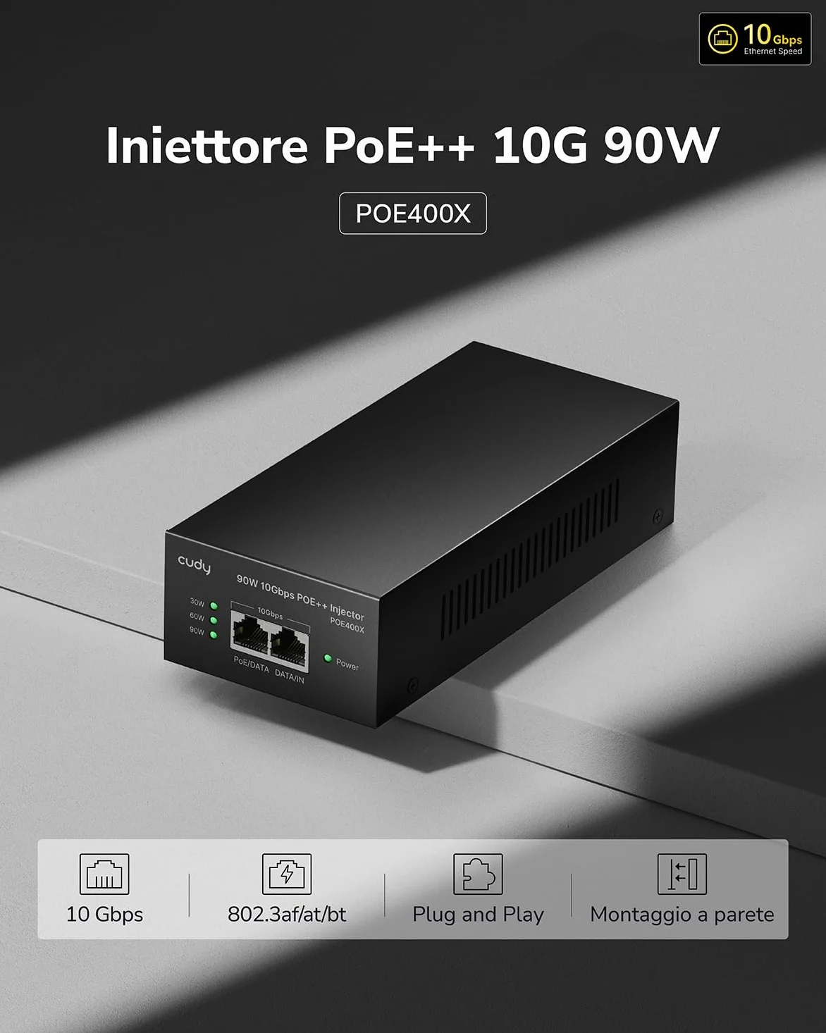 Cudy iniettore PoE++ 90W 10Gbps, 802.3bt/at/af 4-Pair, 1x10GbE In/Out, adattatore PoE Ethernet 90 m per AP WiFi 6/7, camera PTZ, controllo accessi, metallo muro, POE400X