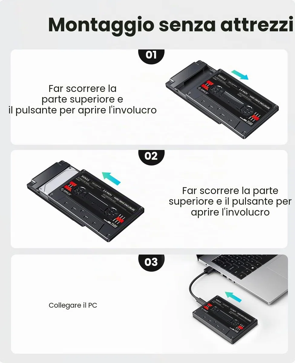 ORICO [Retrò Nastro] Case Hard Disk 2.5 Pollici USB 3.1 Tipo-C a SATA con UASP Custodia Disco Rigido Esterno per 7mm e 9,5 mm HDD SSD Max 6 TB,con Adesivi Fai da Te, Nero (2580C3-V1-BK)