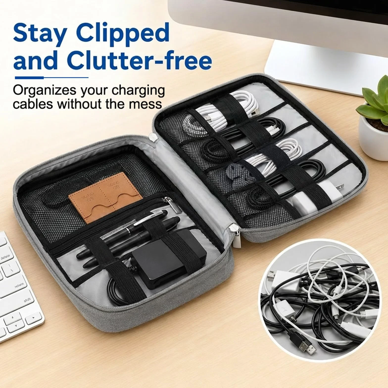 AiQInu Custodia Organizzatrice Elettronica, Borsa Accessori Tech Con Tasca iPad Mini, Slot Per Scheda SD & Cinghie Elastiche Per Caricatore, Cavi, Power Bank, Viaggi, Campeggio, Grigio