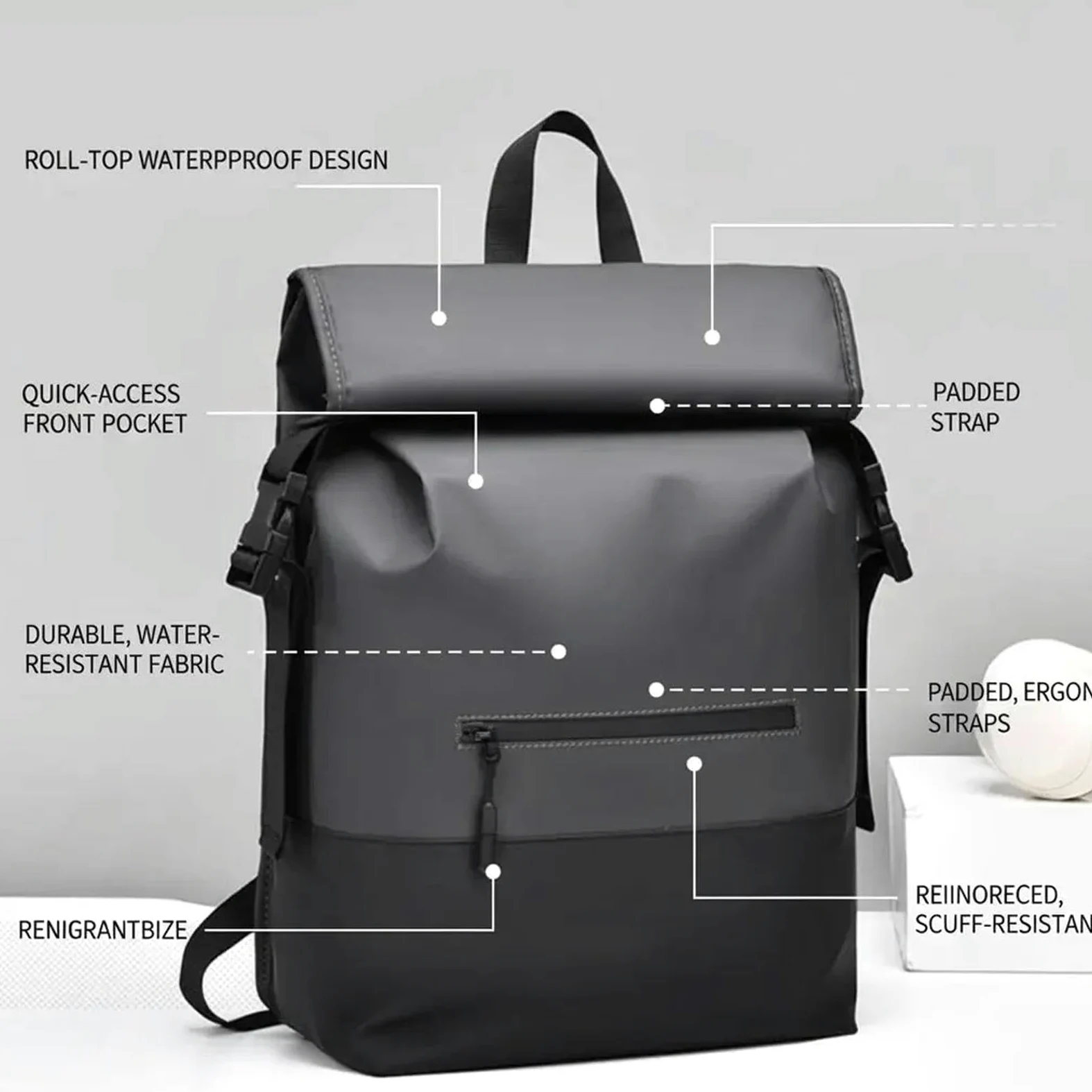 Zaino da Viaggio Premium Uomini Roll Top Business Grande capacità Moda Pendolare Borsa di Viaggio-Black