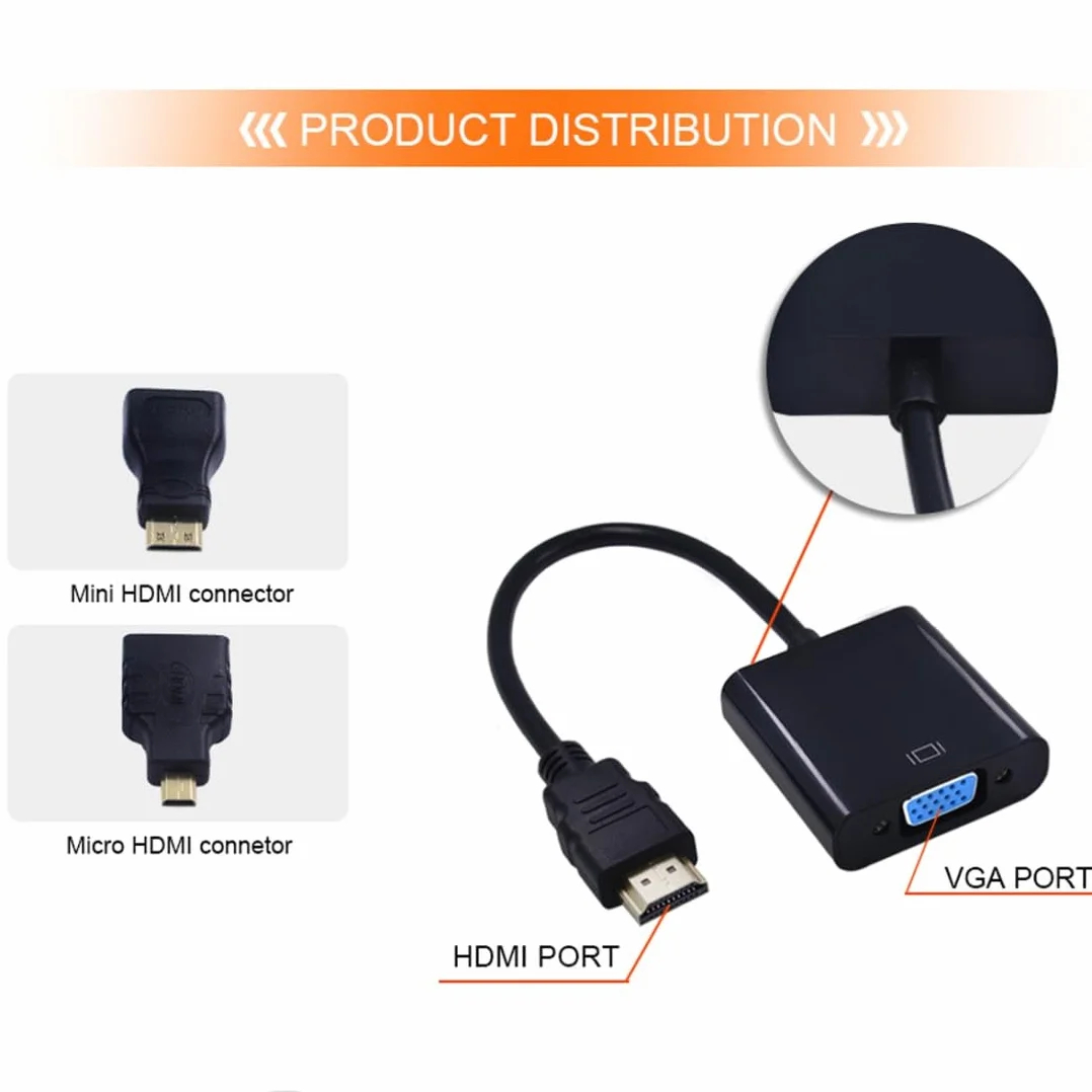 chenyang Adattatore HDMI a VGA Cavo adattatore HDMI maschio a VGA femmina placcato oro con convertitore Micro/Mini HDMI per computer desktop, laptop, monitor, proiettore