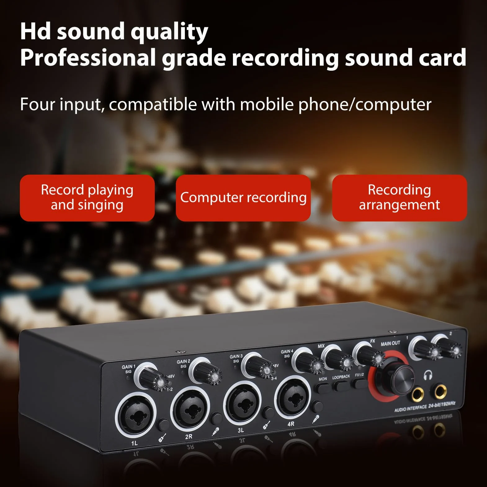 HXBER Scheda audio di registrazione a 4 canali con interfaccia audio senza driver, scheda audio USB da 4 pollici a 4 uscite, 24 bit/192 kHz, alimentatore phantom 48 V per registrazione professionale