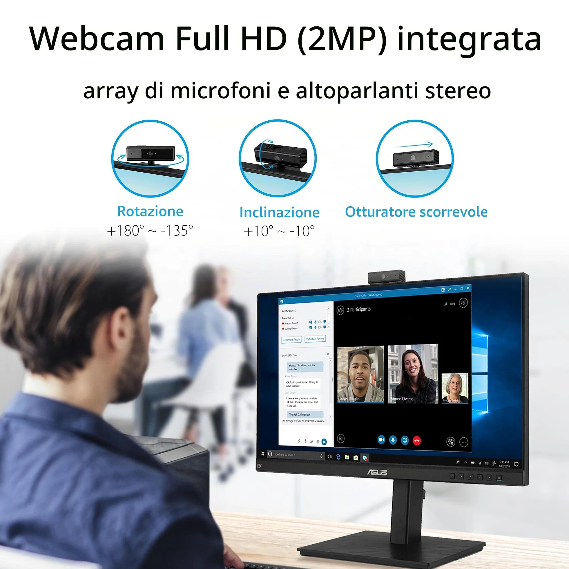 ASUS BE24EQSK, Monitor per Video Conferenze da 23,8" IPS Full HD, Nero | Design Senza Cornice, Webcam FHD, Porta per il Microfono e HDMI, Altoparlanti, Tecnologia Eye Care e Anti-Sfarfallio