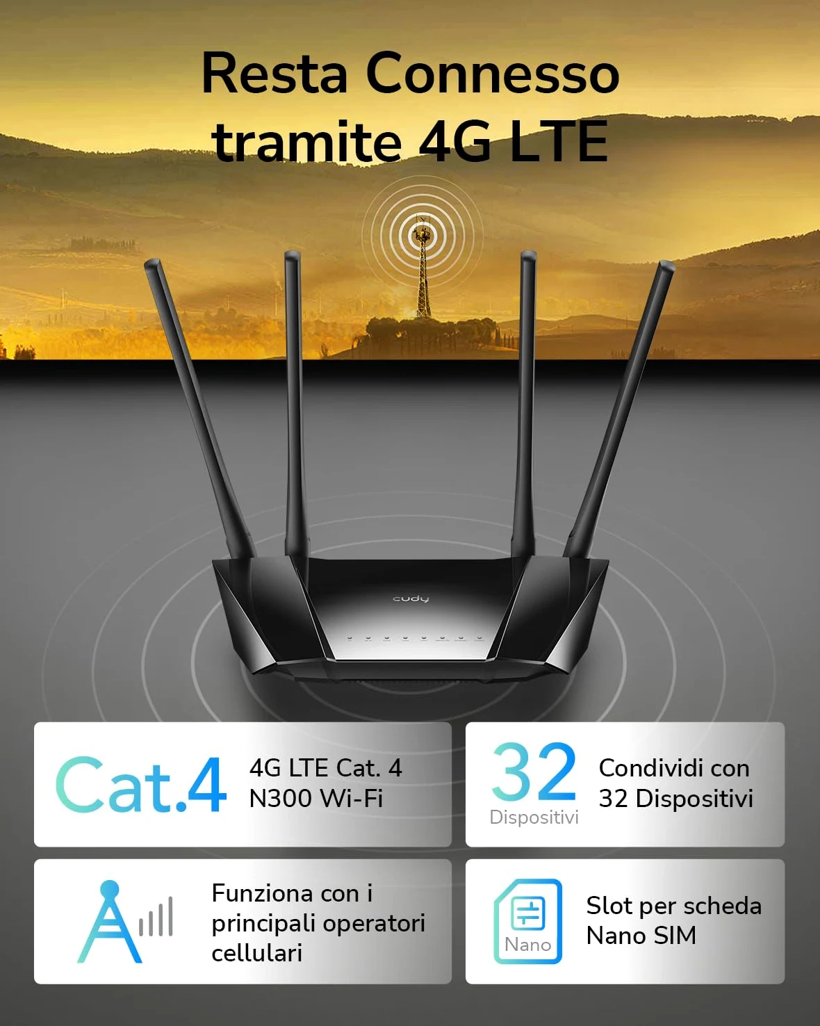 Cudy LT400 Router 4G LTE Con Sim, 300Mbps, Porta LAN/WAN, Senza configurazione, 4 Antenne Ad Alto Guadagno, FDD e TDD, VPN, DDNS, Plug and Play della scheda SIM, per Tutti Gli Operatori