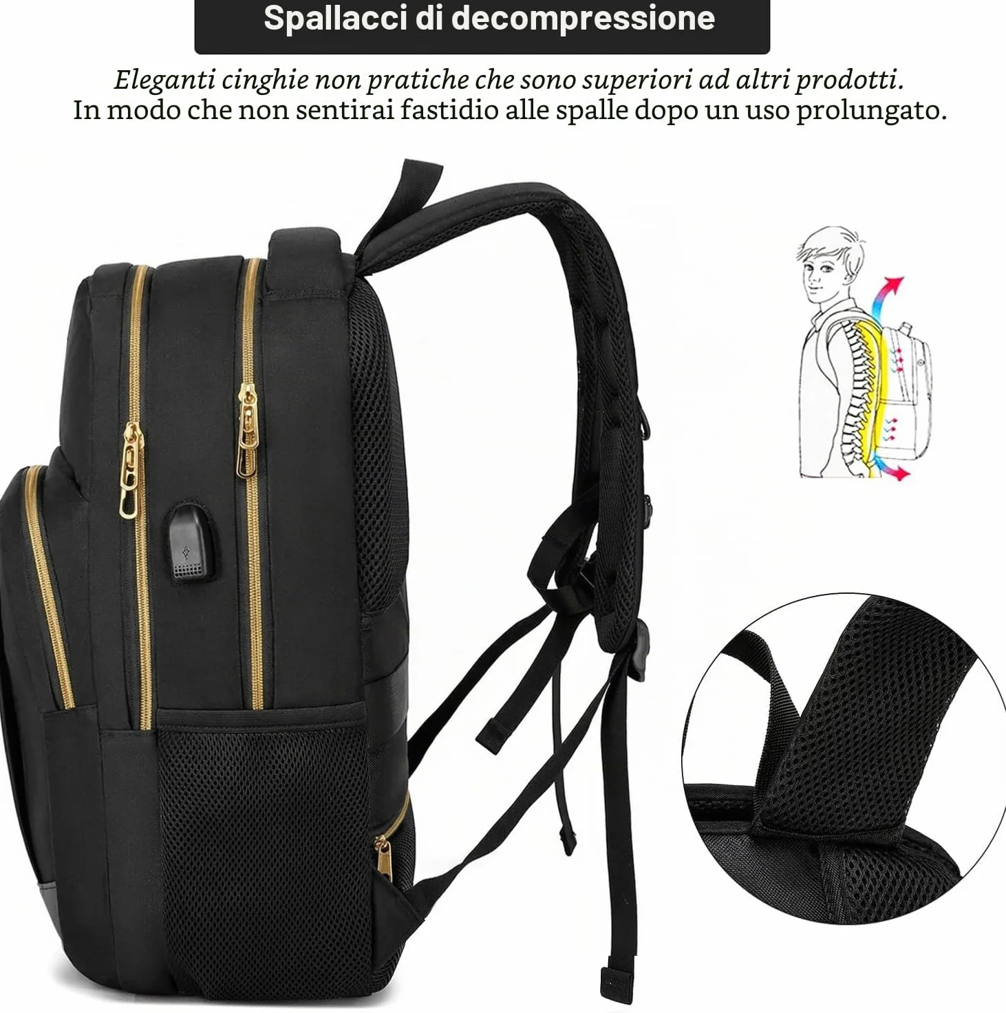 Zaino da scuola per laptop da 15,6", impermeabile, con porta di ricarica USB, oro nero, 15,6 zoll