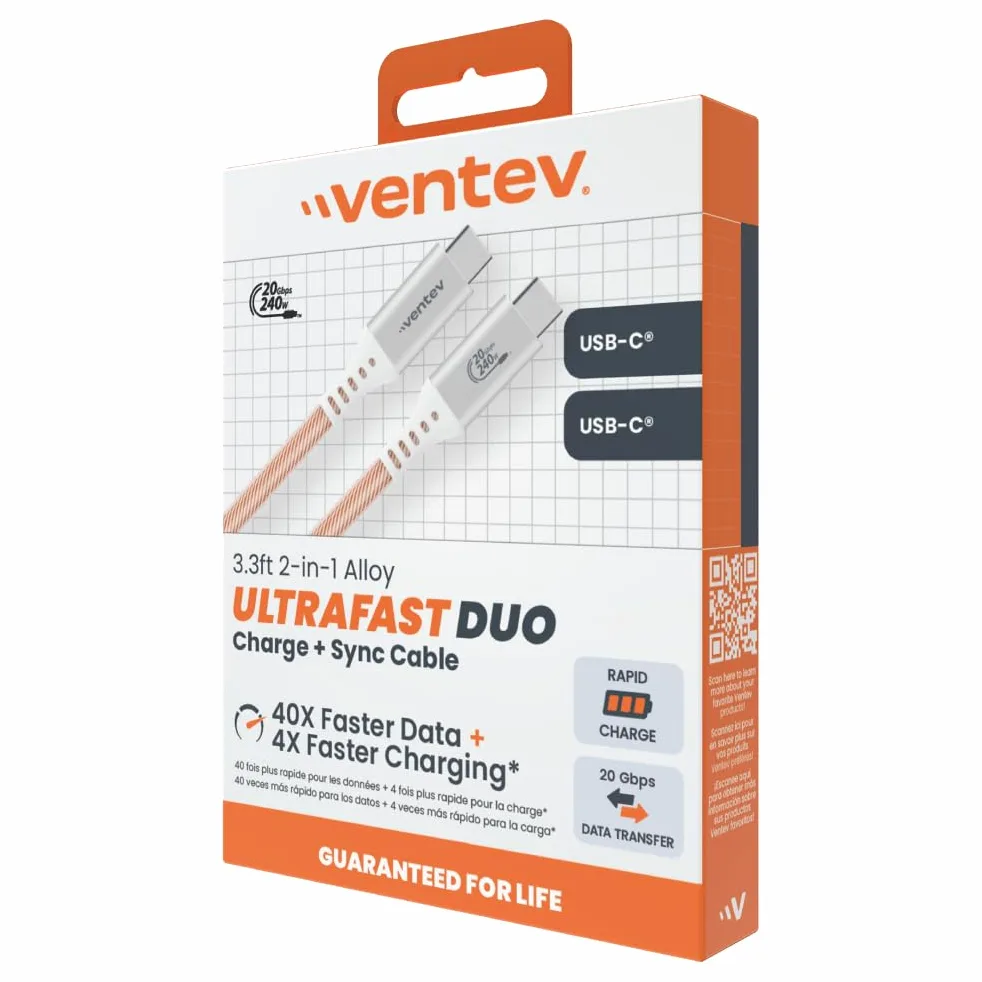 Ventev ULTRAFAST Duo USB-C a USB-C 2-in-1 ad alta velocità e trasferimento dati ultra resistente cavo da 0,9 m