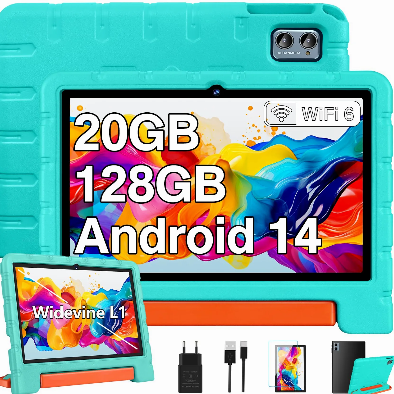 ZIOVO Tablet 10 Pollici Android 14 Tablet Bambini, 20GB RAM+128GB ROM(TF 1TB),WiFi6 Tablet in Offerta, Widevine L1/Octa-Core/BT 5.0/8+5 MP/6000mAh/Tablet per Bambini,Tablet con EVA Caso - Verde