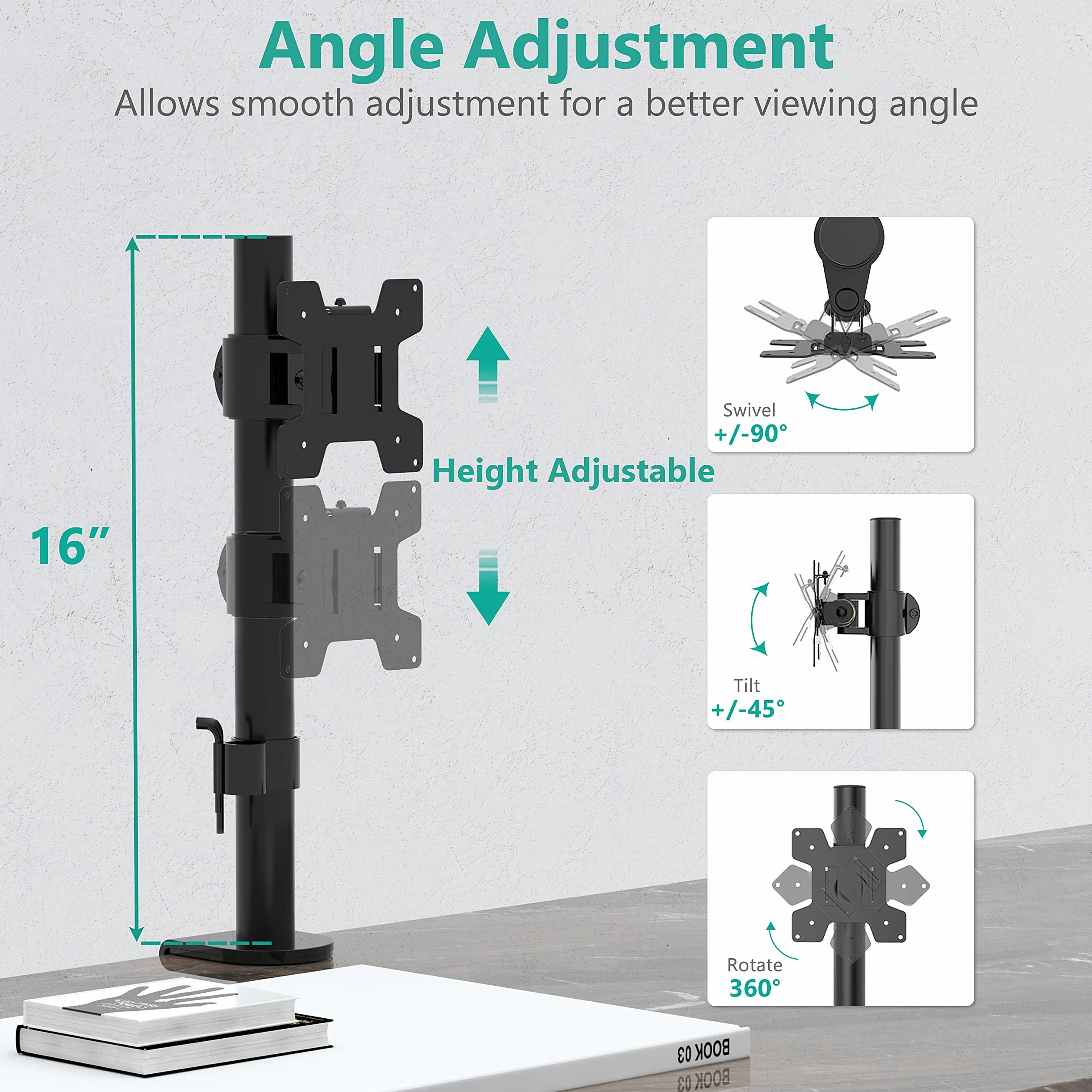 WALI Braccio singolo per monitor fino a 27", completamente regolabile, con inclinazione e rotazione, portata fino a 10 kg, VESA 75 e 100 mm, nero