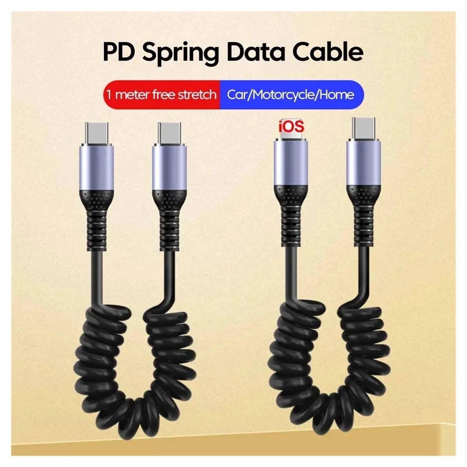 Cavo USB C a gomito a molla, 6 A, 66 W, ricarica rapida, tipo C, per iPhone e Samsung (100 W da C a C)