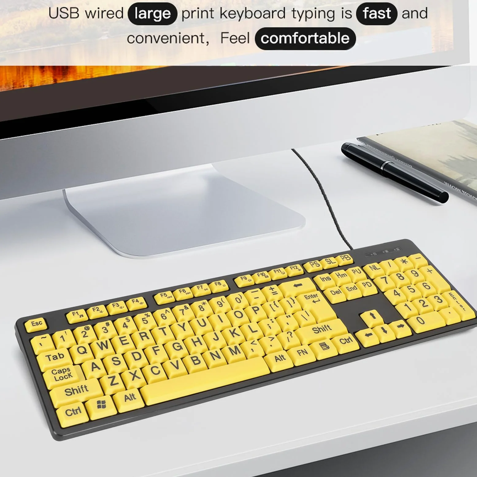 Tastiera con Stampa Grande a 104 Tasti, Tastiera Cablata USB per Studenti Anziani e Persone con Problemi di Vista Esperienza di Digitazione Confortevole per PC