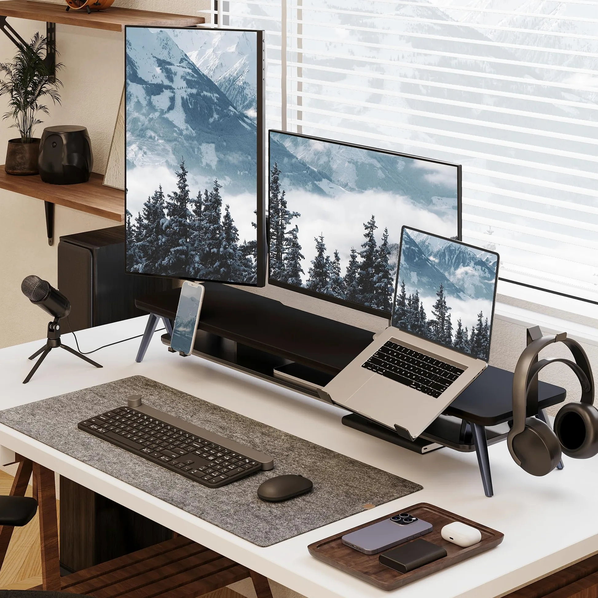 Fenge Supporto per Doppio Monitor con Supporto per Laptop/Telefono, Supporto per Computer a 2 Strati con Ampio Spazio di Archiviazione, 108x23,5x14,5cm Capacità di Carico 50KG (Nero)