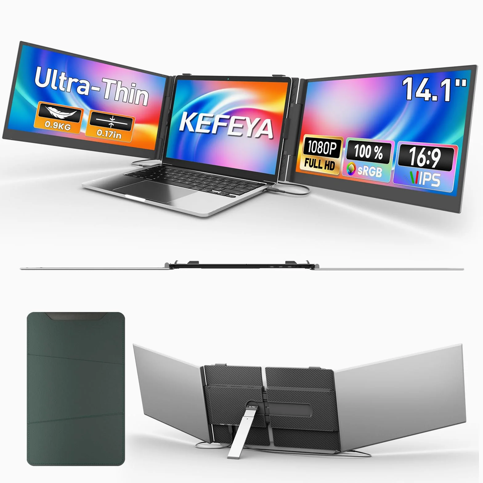 KEFEYA Monitor Portatile 14,1" FHD Ultra-Sottile e Leggero | Triplo schermo con supporto girevole – ideale per lavoro e multitasking. Compatibile con Mac/Windows/Android/Huawei.