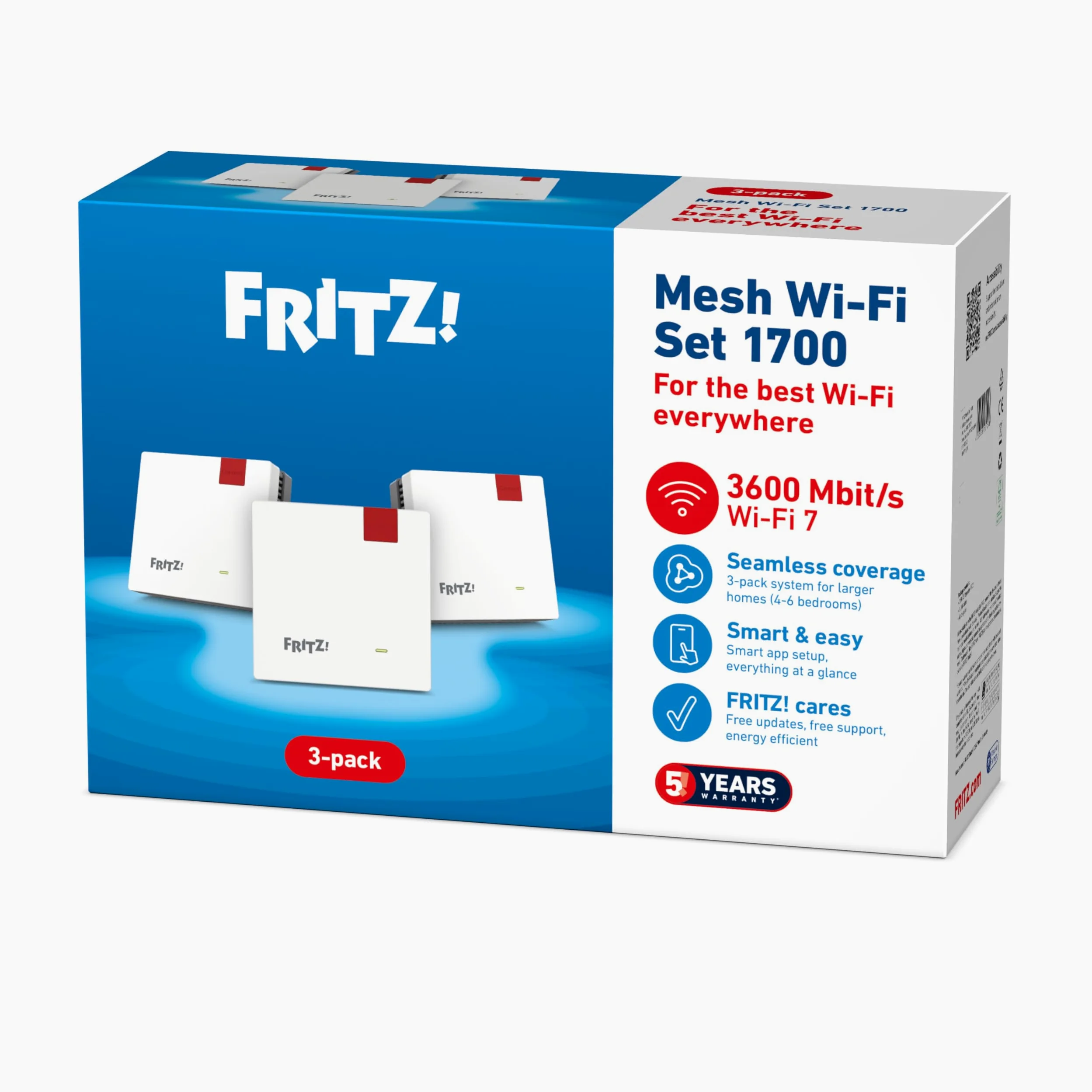 FRITZ!Mesh Set 1700 da 3 | Wi-Fi 7 fino a 3.600 Mbit/s | Copertura Wi-Fi per 5-7 stanze | Ideale per router Internet o modem per fibra ottica (ONT) | Configurazione semplice | Made in Europe