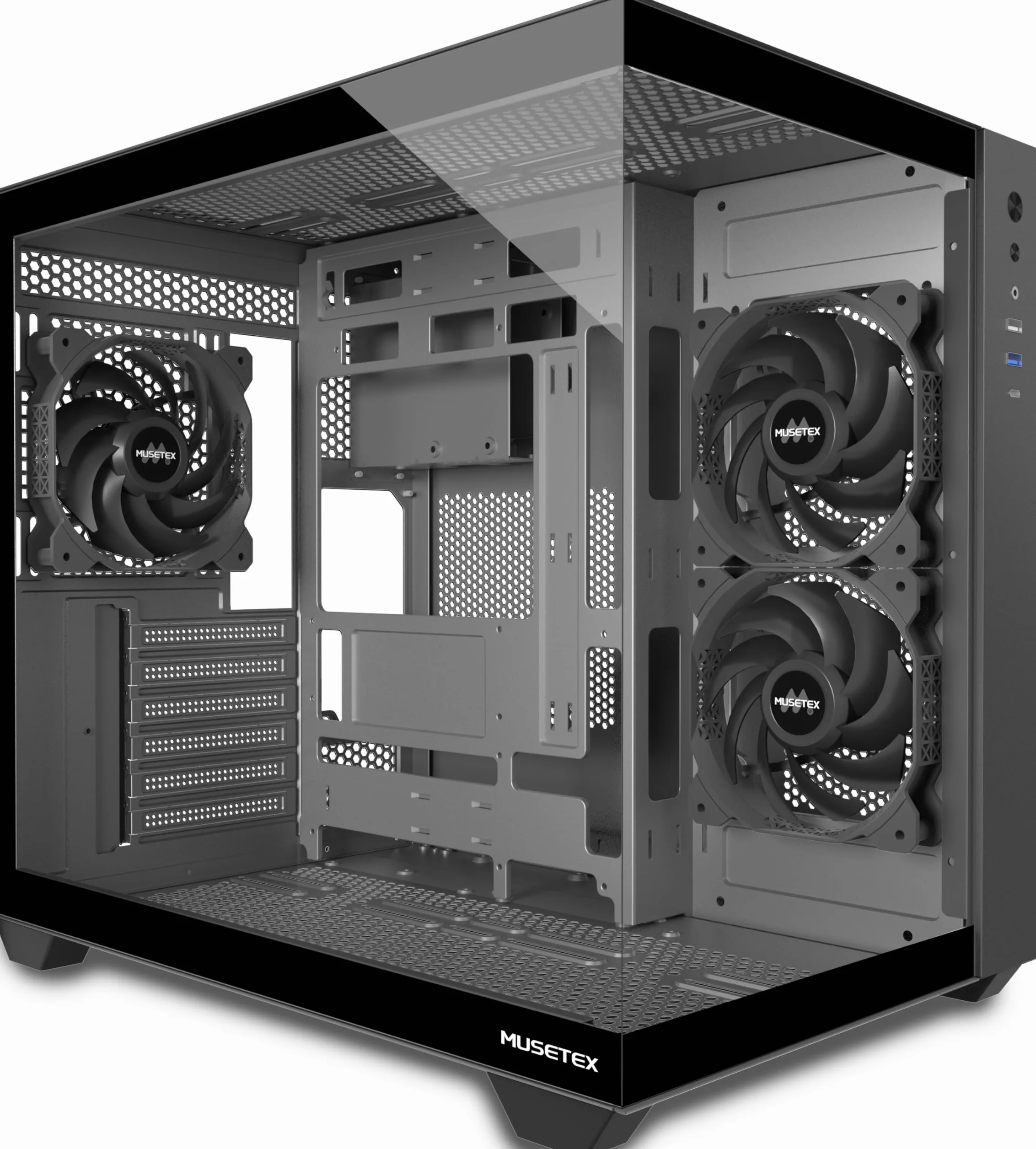 MUSETEX Case PC ATX, 3 ventole preinstallate da 120 mm, supporto ruota da 360 mm, alloggiamento in vetro temperato a 270° Full-View con alloggiamento per computer Type-C, case Mid Tower ATX, nero, Y6