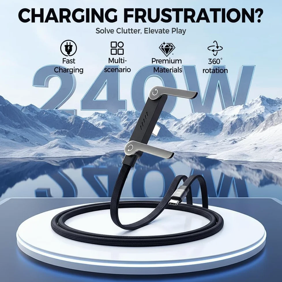 Cavo USB-C intrecciato a ricarica rapida con supporto per telefono integrato, cavo pieghevole a forma di T a 90 gradi, caricabatterie multifunzionale, lunghezza 1,5 m, design ad angolo retto