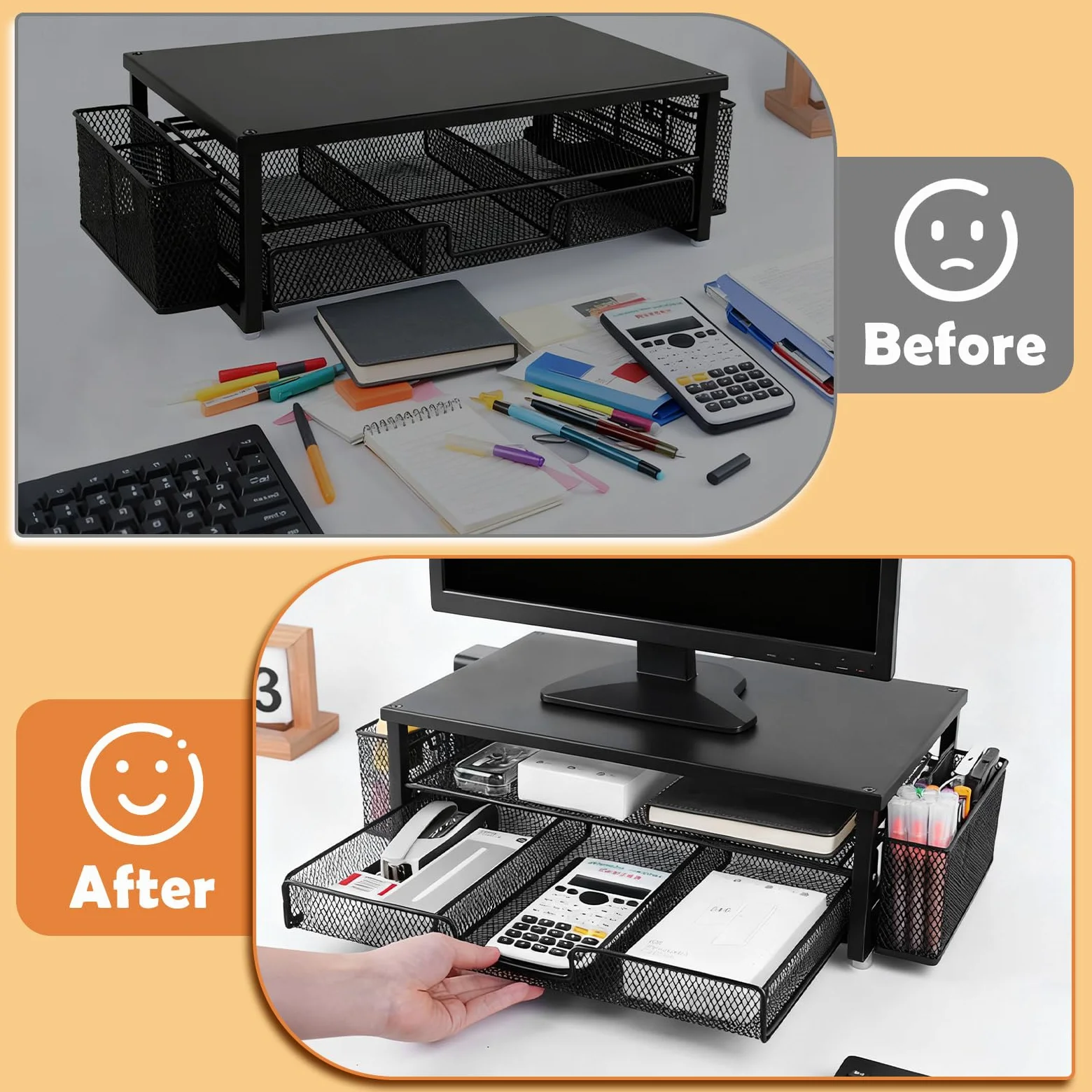 Supporto per monitor regolabile in altezza con portapenne, organizer da ufficio in metallo robusto, ripiano da scrivania per laptop, tastiera, monitor, spazio per accessori da ufficio